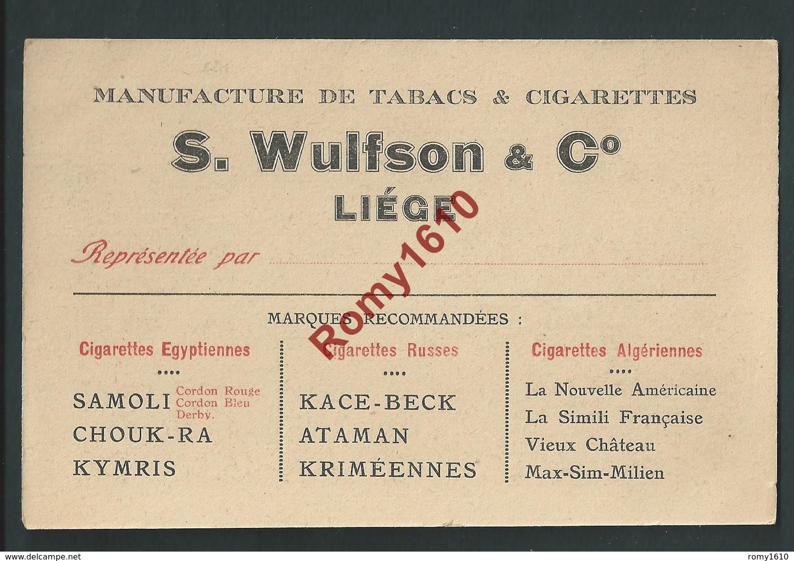 Liège - Publicité  Manufacture De Tabacs & Cigarettes. S. Wulfson & Co. 2 Scans - Publicité