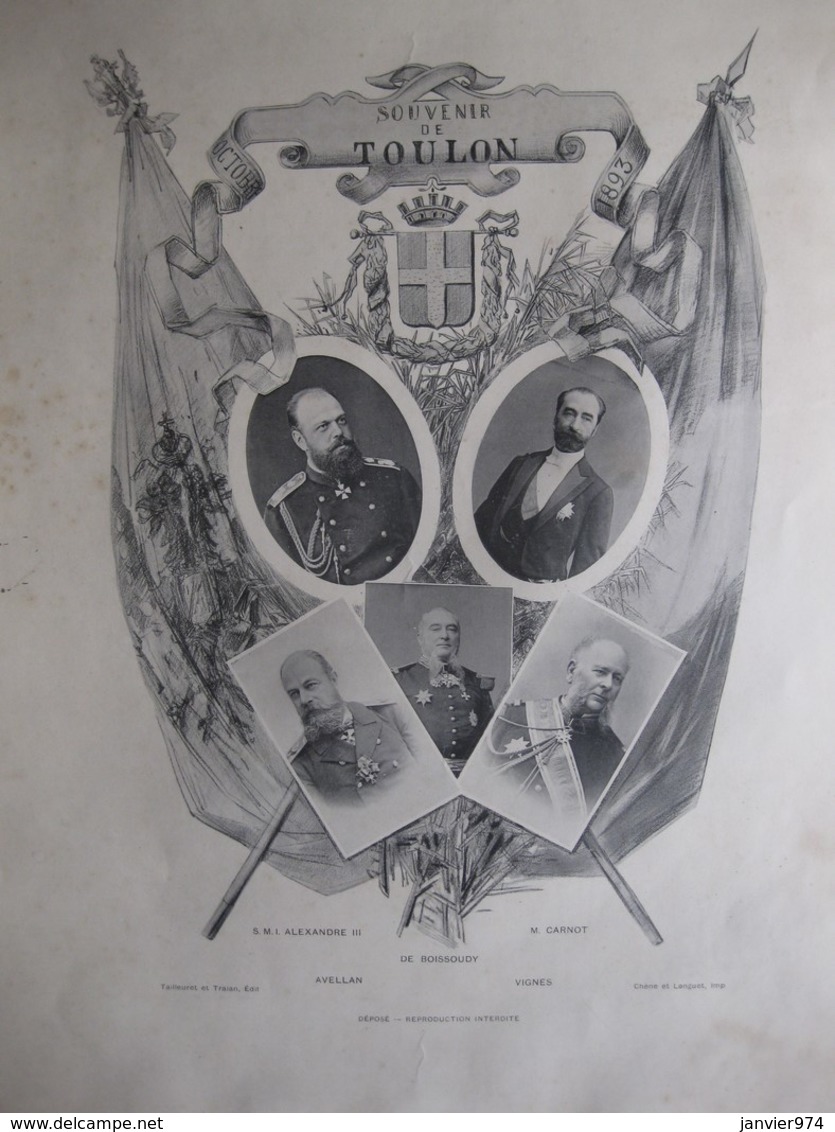 Affiche. Souvenir De Toulon Octobre 1893 France Et Russie. Tsar Alexandre III, Sadi Carnot. - Manifesti