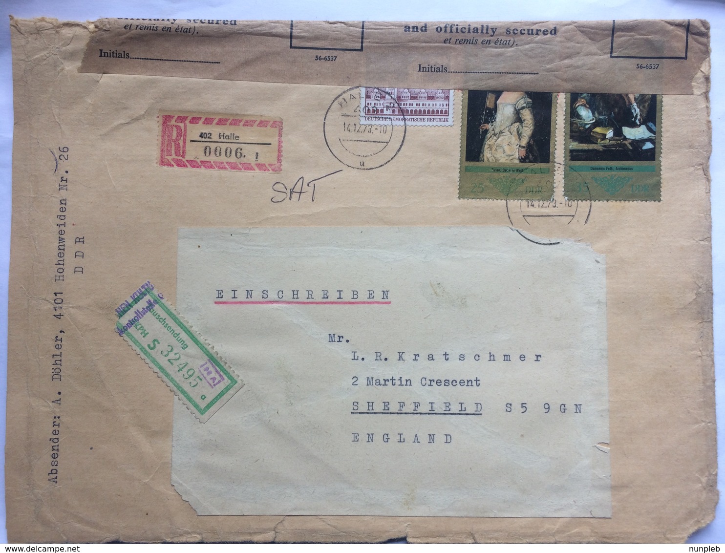 GERMANY 1973 DDR Cover Registered Halle To Sheffield England - Damaged And Secured Seal Various Stickers And Cachets - Briefe U. Dokumente