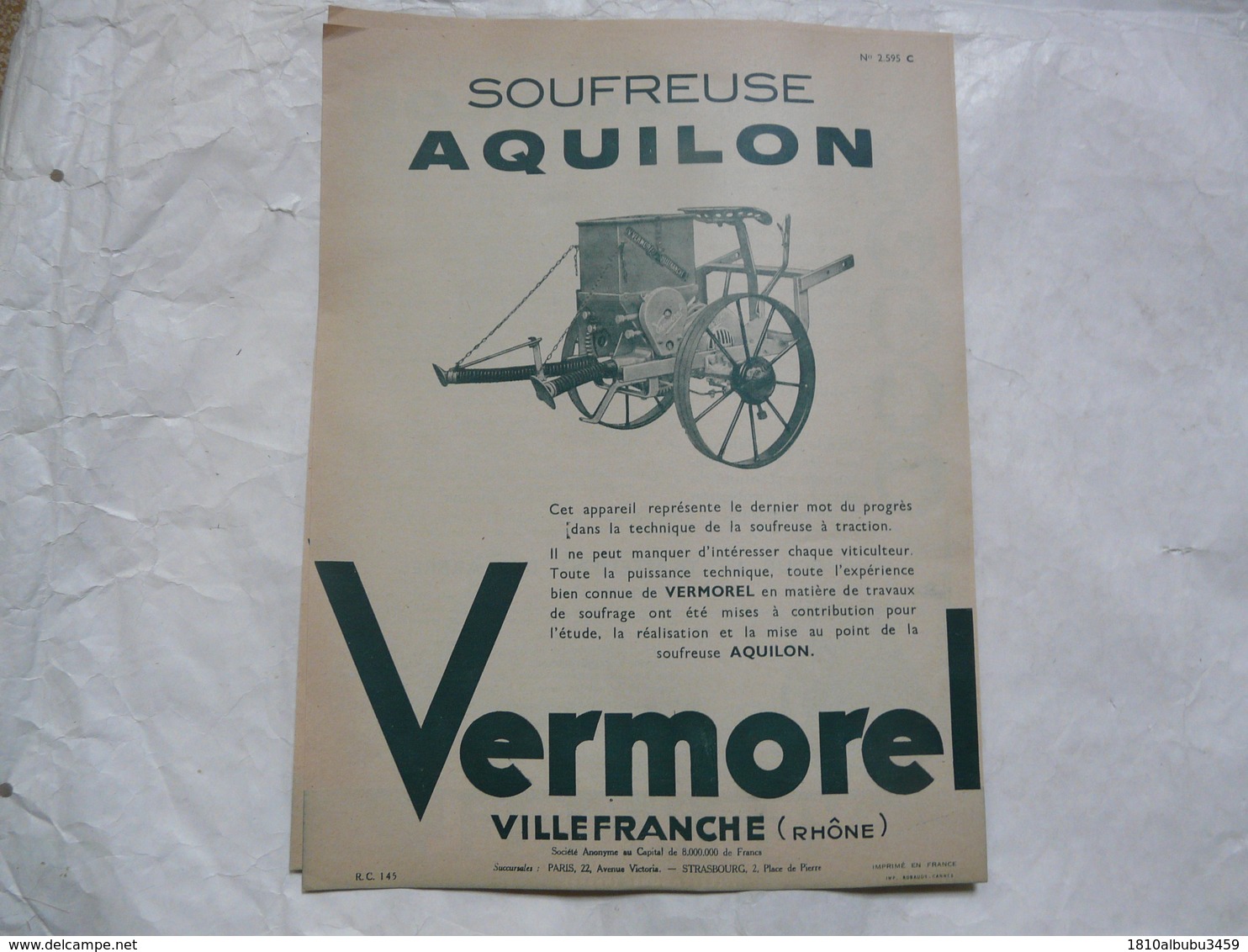 VIEUX PAPIERS 69 VILLEFRANCHE PROSPECTUS : VERMOREL - Soufreuse AQUILON - Publicités