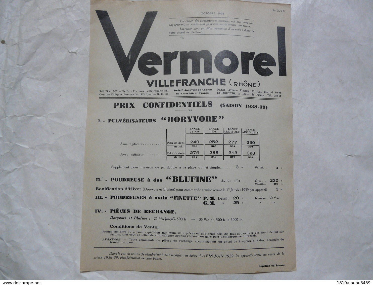 VIEUX PAPIERS 69 VILLEFRANCHE PROSPECTUS : VERMOREL - Prix Confidentiels - Publicités