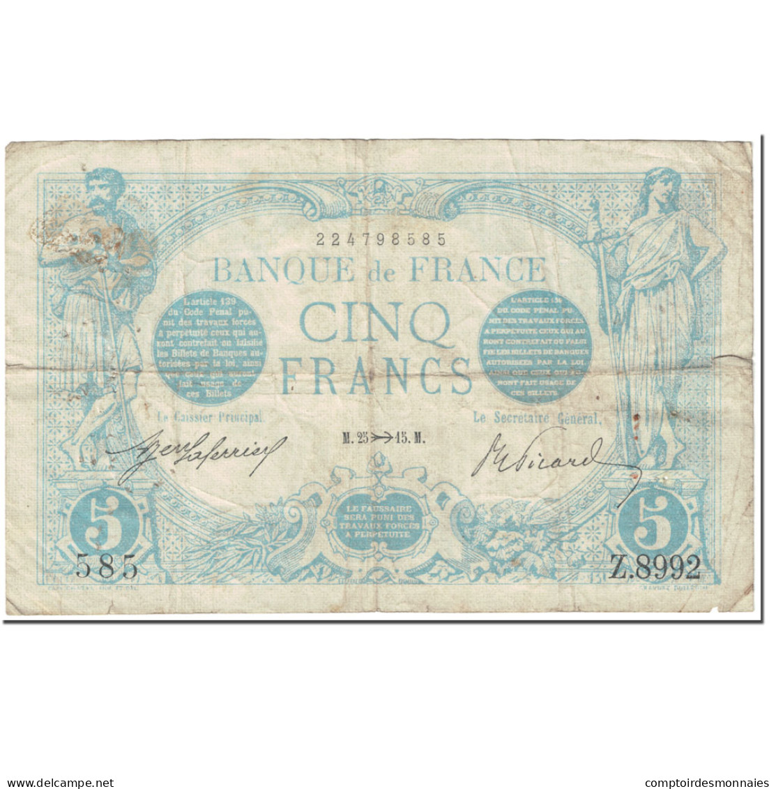 France, 5 Francs, Bleu, 1915, 1915-11-25, TB+, Fayette:2.33, KM:70 - 5 F 1912-1917 ''Bleu''