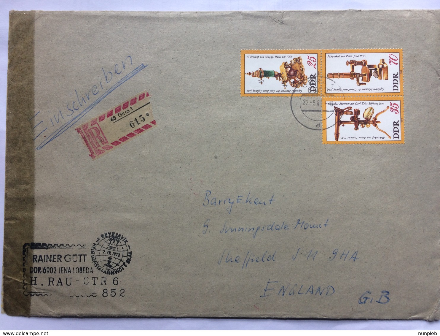 GERMANY 1981 DDR Cover Registerd Gera To Sheffield - Customs Dover Sticker Opened And Re-sealed With Dover PO Sleeve - Covers & Documents