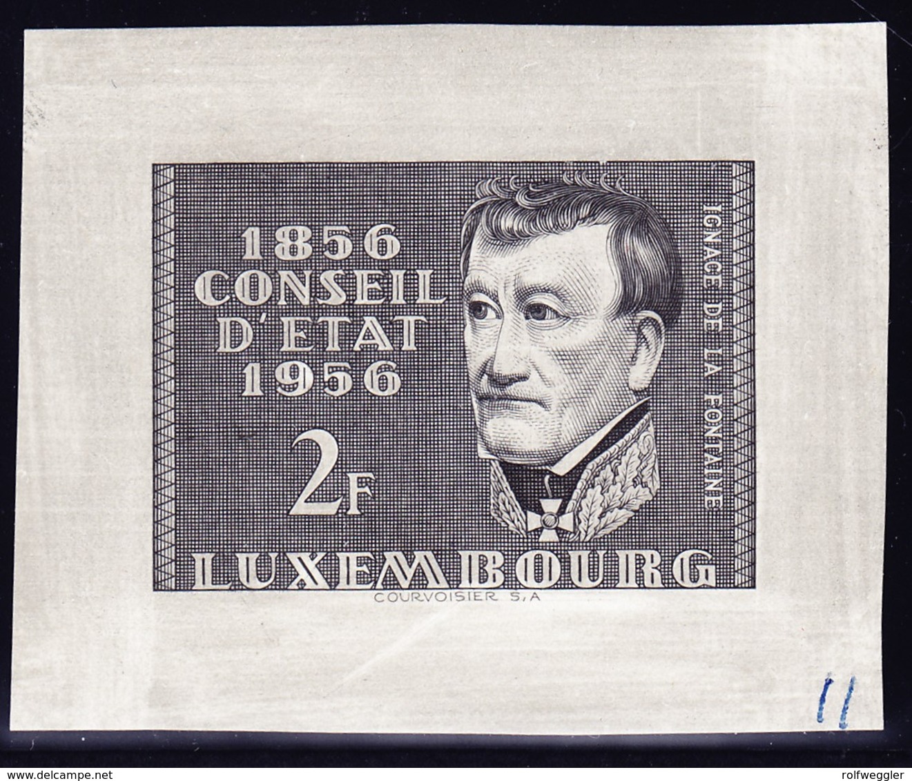 1956 " Council Of State Centenary" Imperforated Proof In Black Of 2F ; Final Design On Stiff Waste Paper Without Gum - Essais & Réimpressions