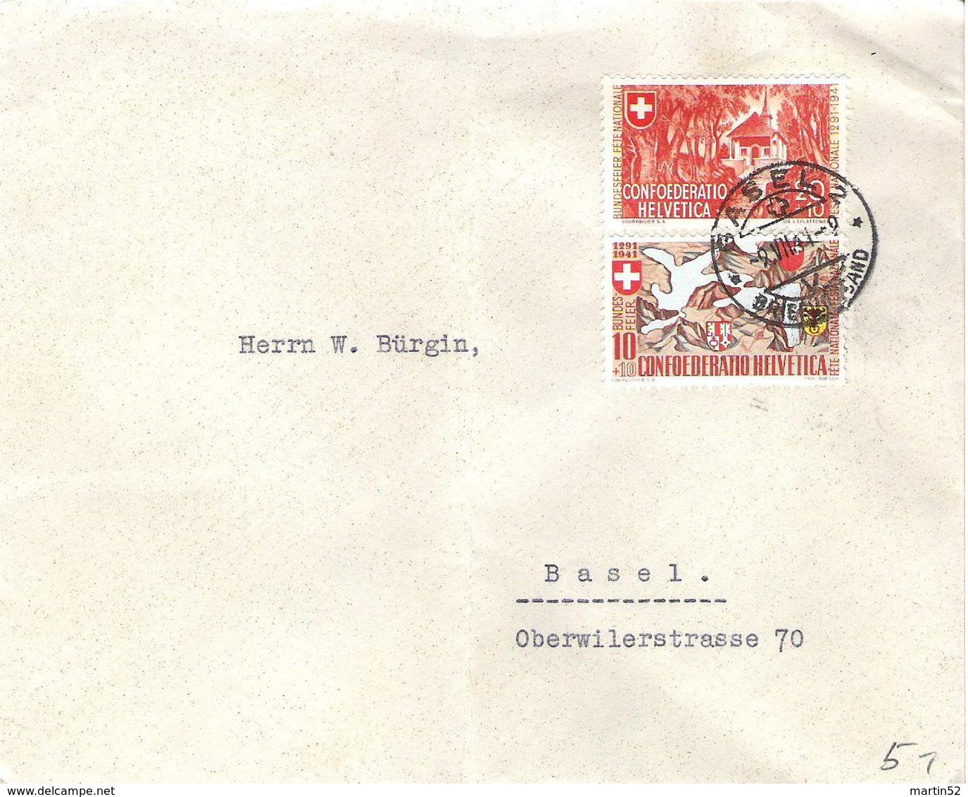 Schweiz Suisse 1941: Zu WII13-14  Mi 396-397 Yv 368-369 Orts-Brief O BASEL 9.VII.41 (Zu CHF 5.00) VERTIKALBUG PLIÉE TORN - Lettres & Documents