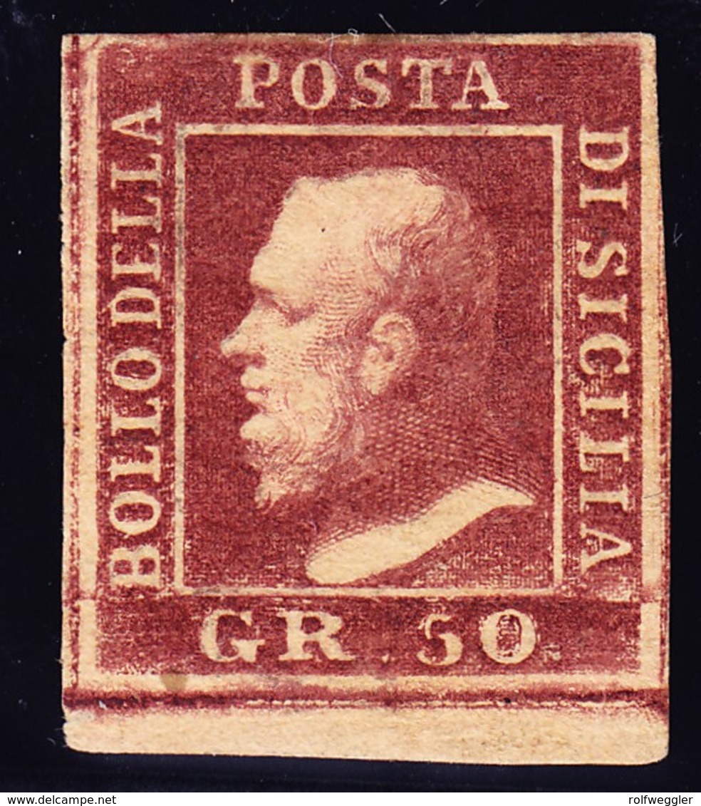 1859 50 Grana, Lacca Bruno, SAS Nr. 14*; Bogenrand Stück Vollrandig, Originalgummi, Farbfrisch; Signiert: A. Diena - Sicilië