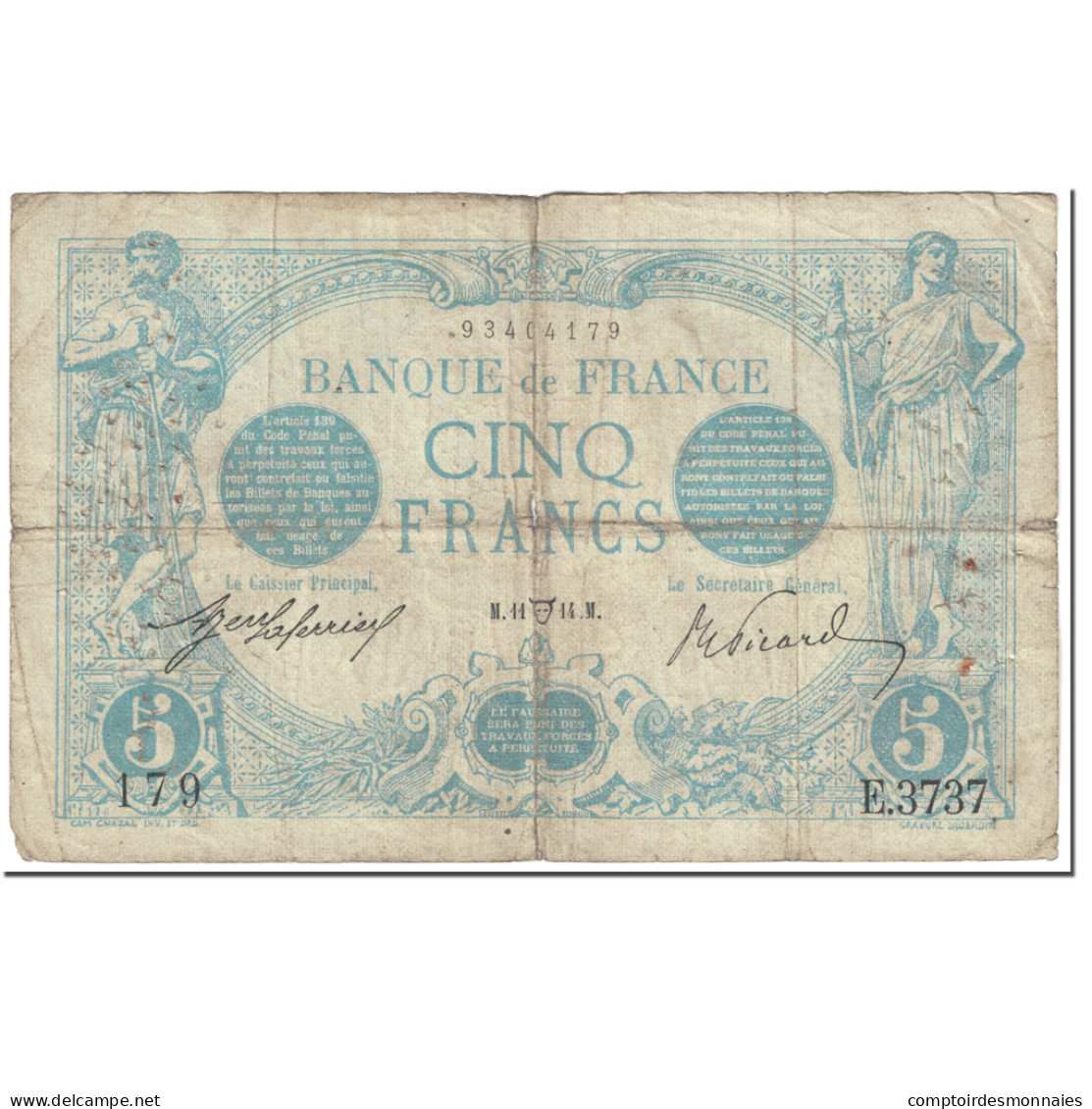 France, 5 Francs, Bleu, 1914, 1914-04-11, B+, Fayette:2.22, KM:70 - 5 F 1912-1917 ''Bleu''