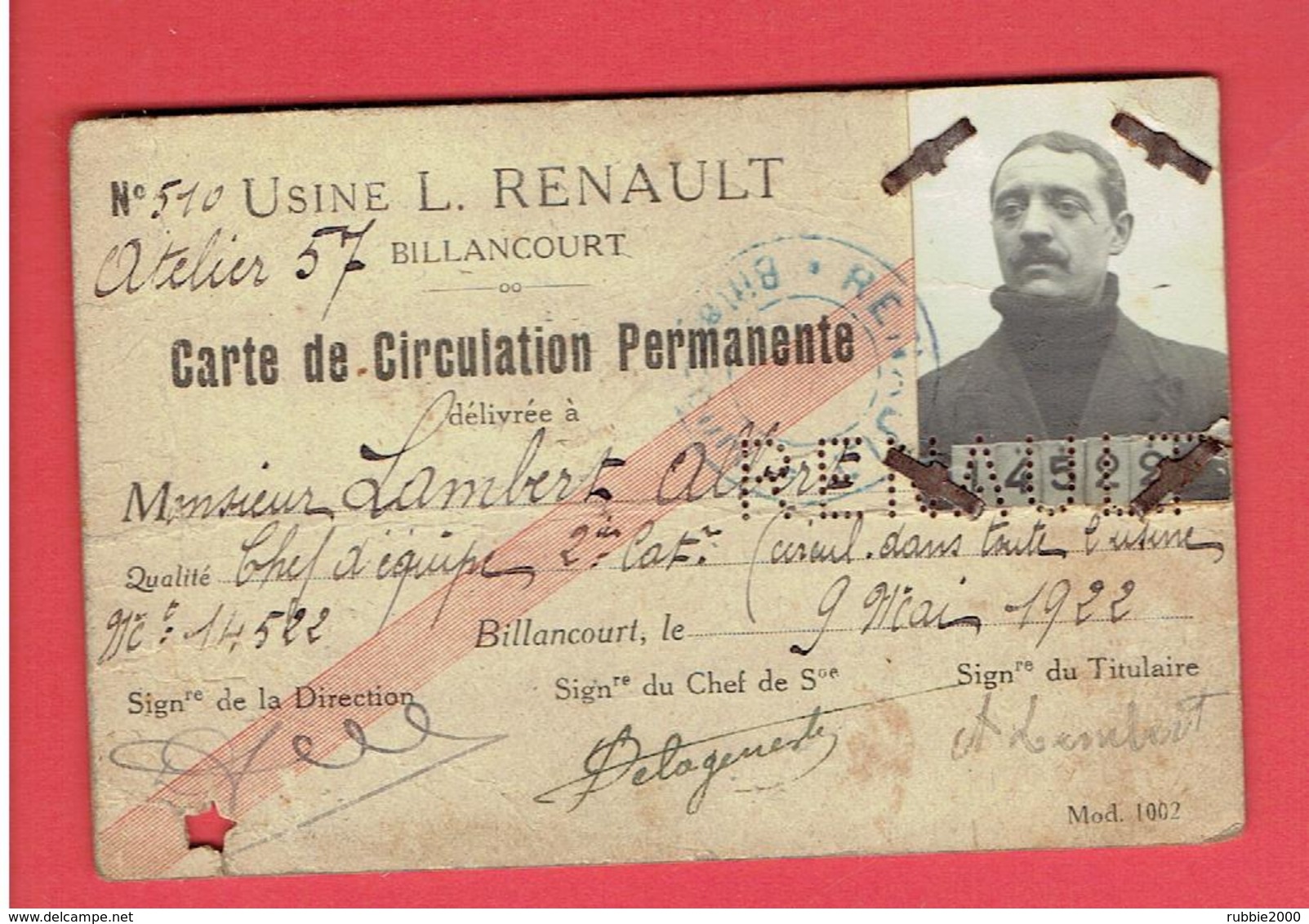 USINE L. RENAULT BILLANCOURT CARTE DE CIRCULATION PERMANENTE DE LAMBERT ALBERT DANS TOUTE L USINE 1922 - Voitures