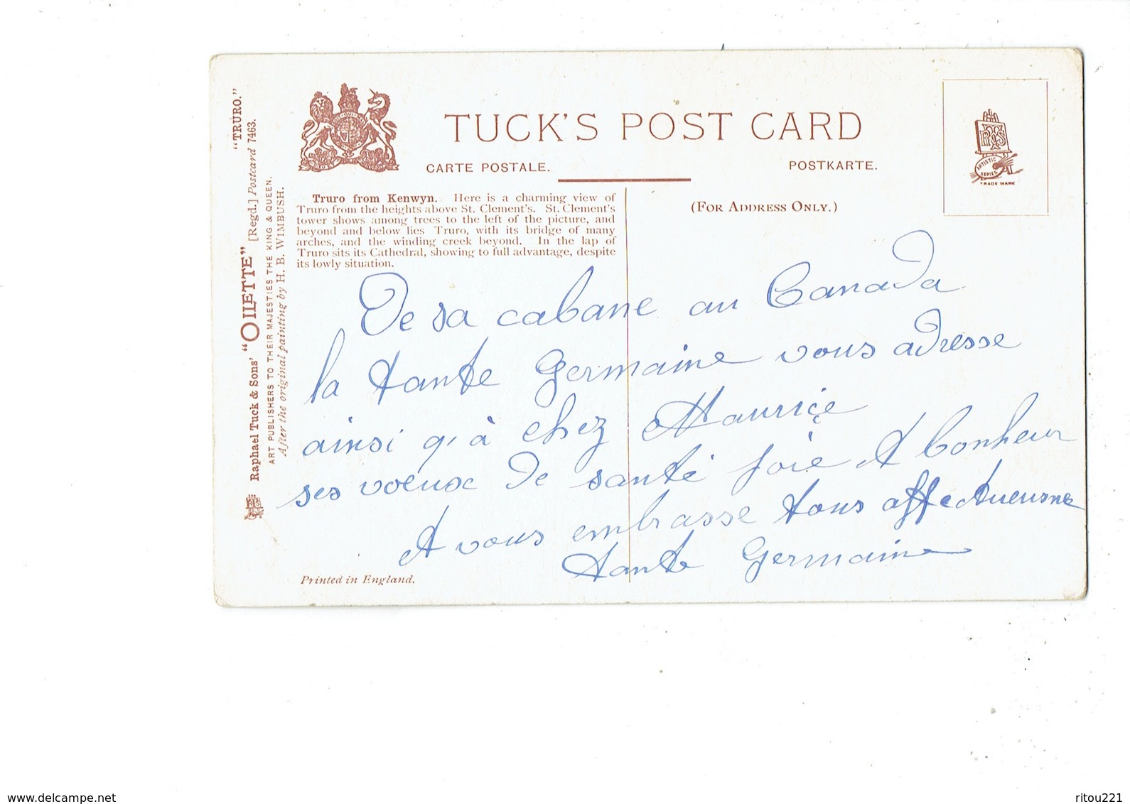 Cpa - Royaume-Uni - TRURO From Kenuyin -   - N° 7463 éd Oilette--Raphaet Tuck & Sons- - Tuck, Raphael