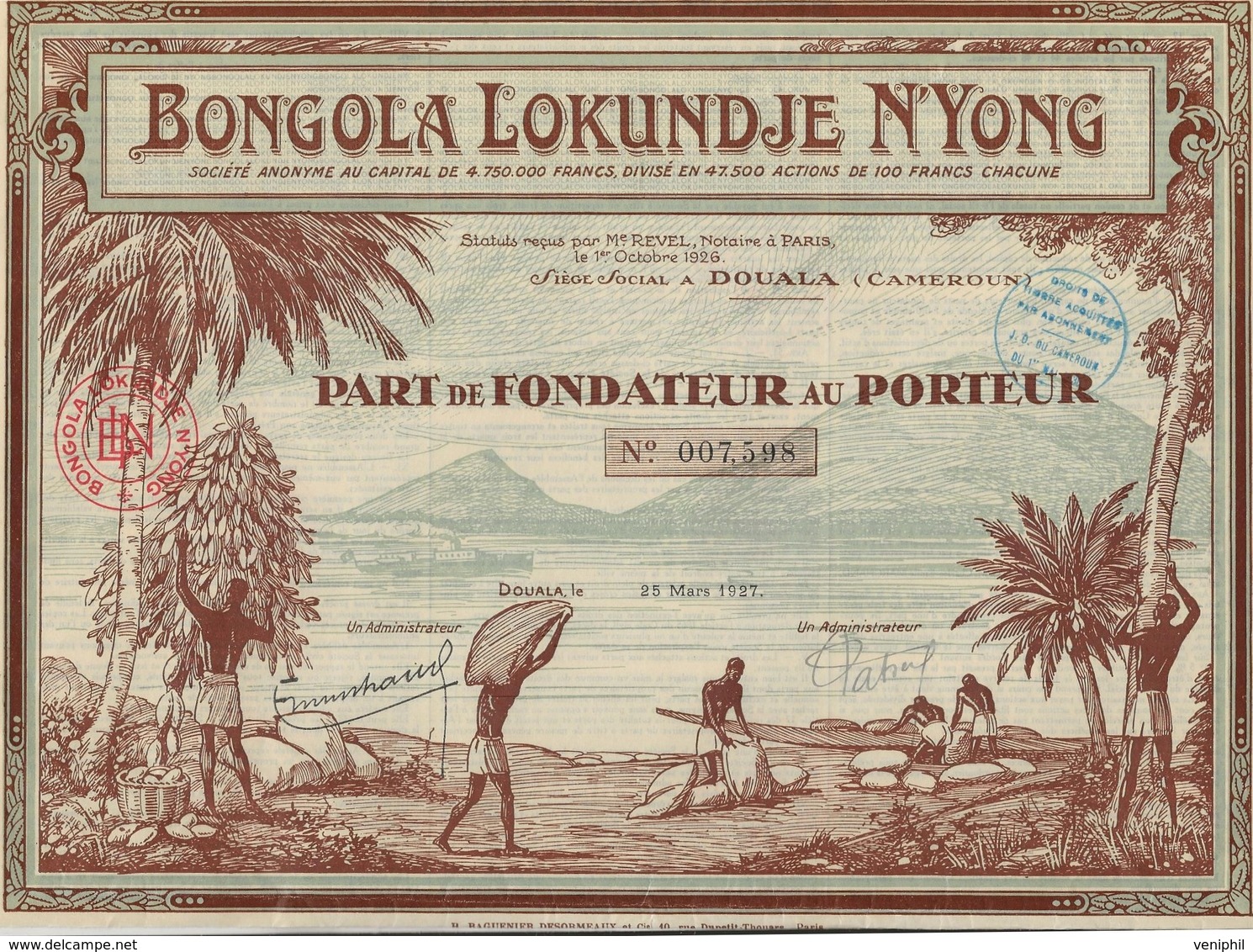 PART DE FONDATEUR ILLUSTREE - BONGOLA LOKUNDJE N'YONG -TTB - ANNEE 1927 - Afrique