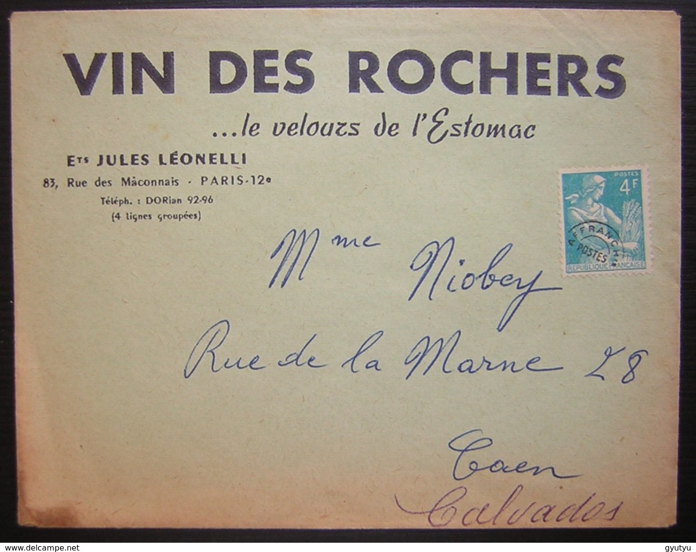 Vin Des Rochers Le Velours De L'estomac. Ets Jules Léonelli 83 Rue Des Mâconnais Paris 12eme Timbre Pré Oblitéré - 1921-1960: Moderne