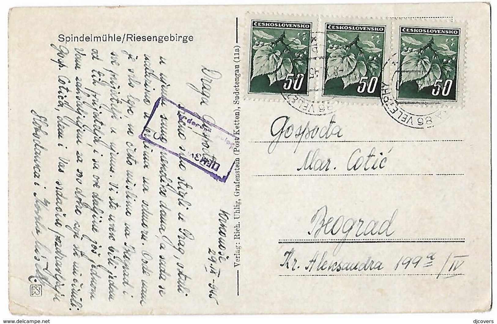 Czechoslovakia 1945 Censored Riesengebirge Picture Postcard To Yugoslavia Eb - Cartas & Documentos