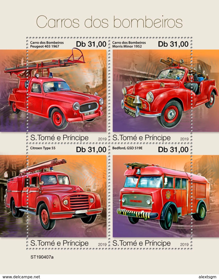 S. TOME & PRINCIPE 2019 - Fire Engines: Peugeot, Citroen. Official Issue [ST190407a] - Automobili