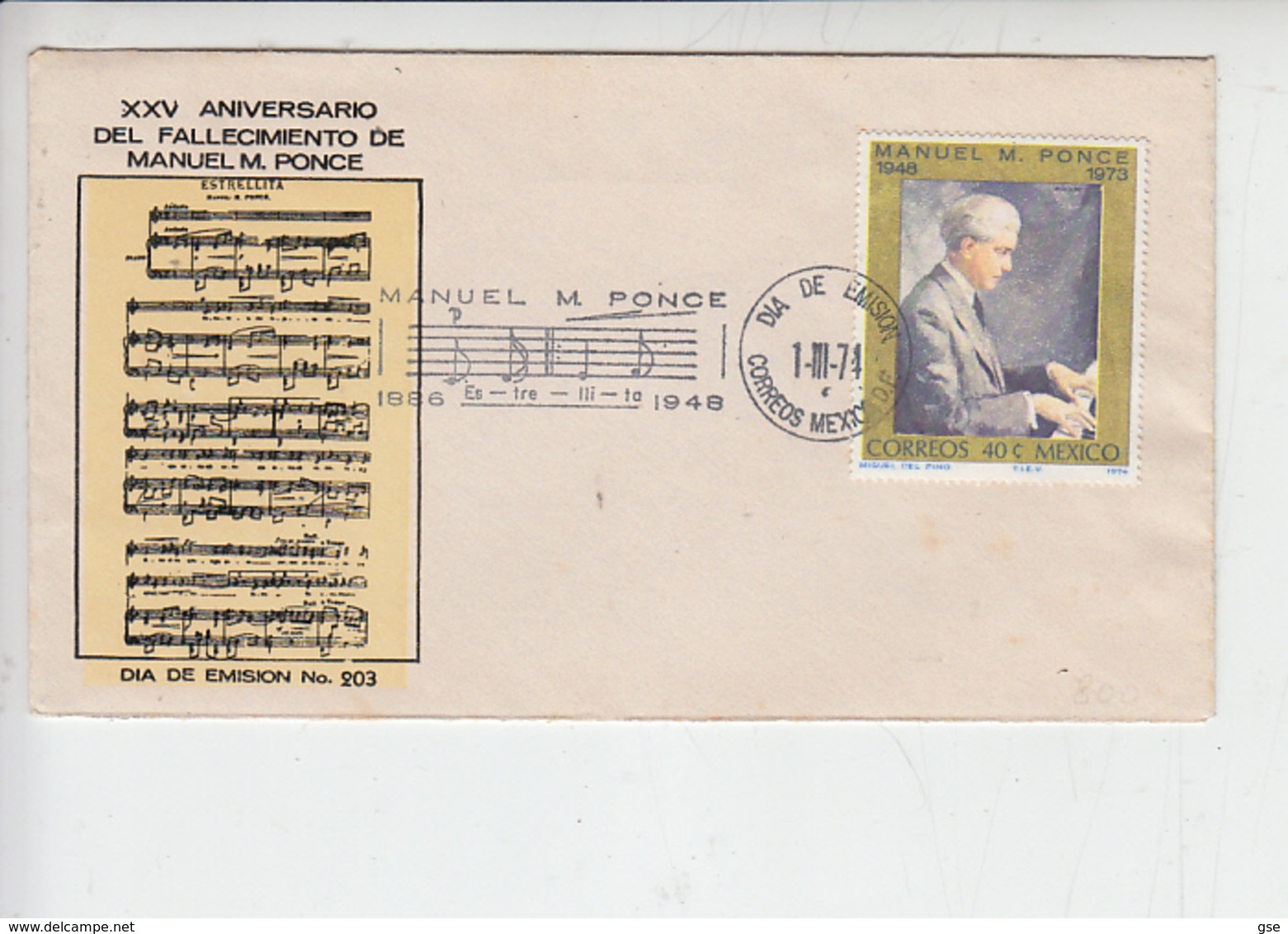 MESSICO  1974 - FDC - Manuel Ponce - Annullo Speciale Illustrato - Musica - Musica