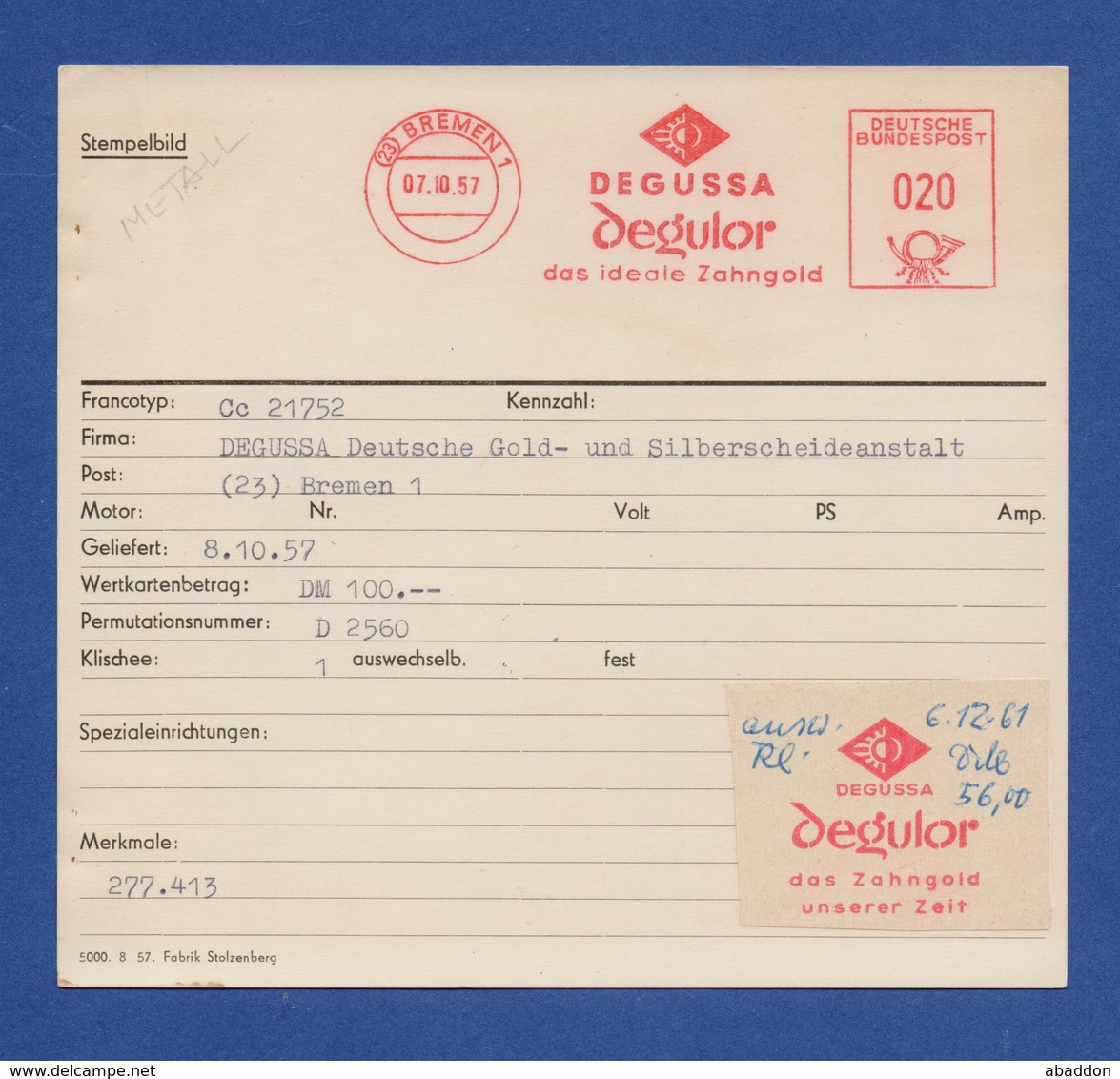 Deutsche Bundespost AFS Archivkarte - BREMEN, Degussa Degulor Das Ideale Zahngold 7.10.57 - Maschinenstempel (EMA)
