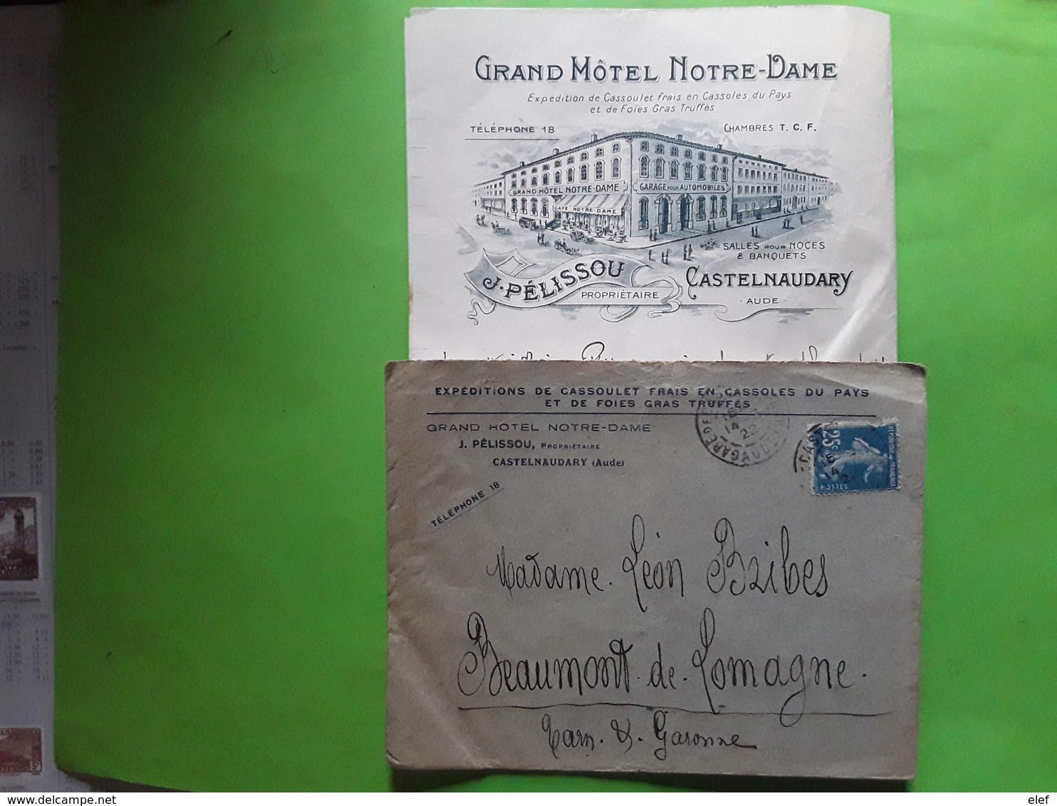 Lettre En Tête GRAND HOTEL NOTRE DAME CASTELNAUDARY Aude ,CASSOULET, FOIE GRAS TRUFFES Corr Illustrée 1924 - Alimentation