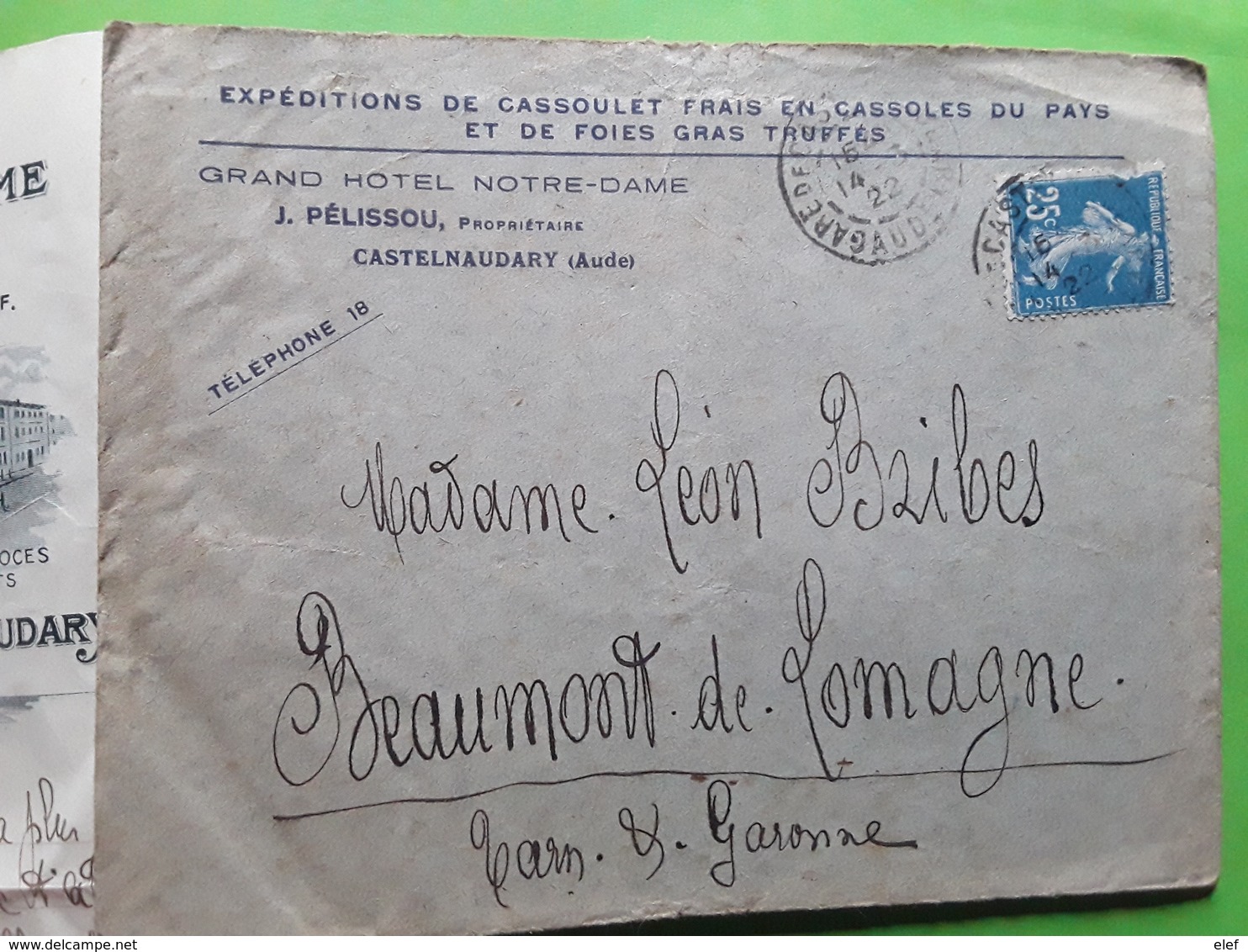 Lettre En Tête GRAND HOTEL NOTRE DAME CASTELNAUDARY Aude ,CASSOULET, FOIE GRAS TRUFFES Corr Illustrée 1924 - Alimentation