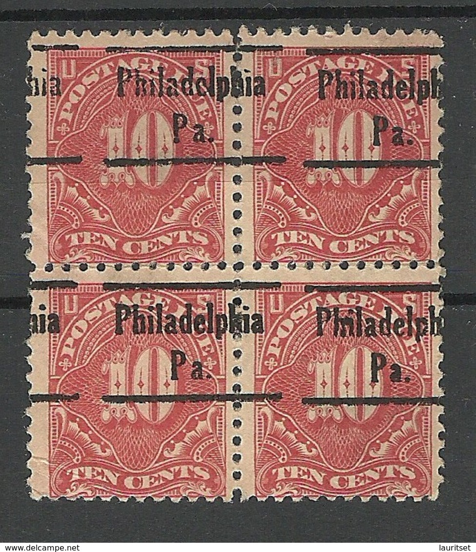 USA 1916 Postage Due Porto 10 C. Michel 41 As 4-block With Pre-cancel Philadelphia * - Taxe Sur Le Port