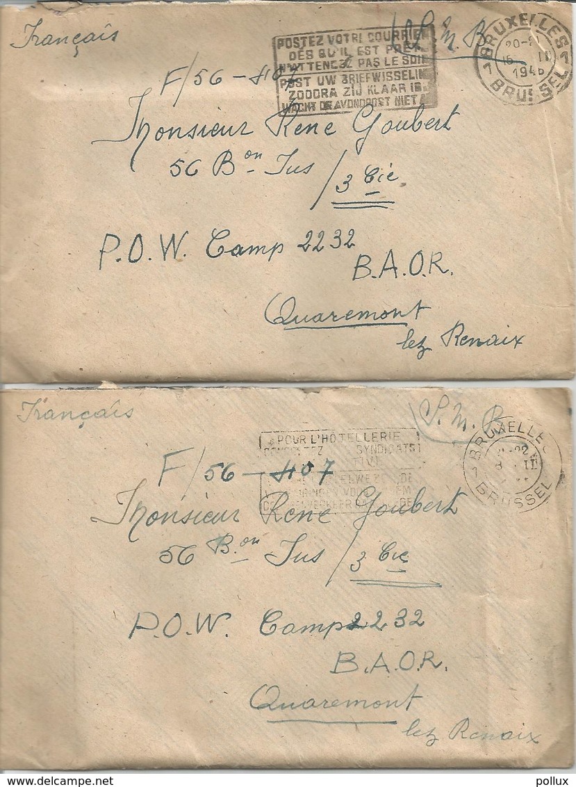2 Enveloppes+contenu Camp De Prisonniers Allemands En Belgique 1946 POW CAMP 2232 Quaremont (RENAIX) - Documenten