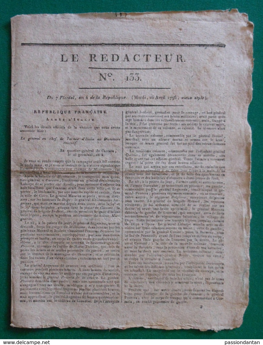 Journal "Le Rédacteur" - N° 133 - Mardi 26 Avril 1796 - Journaux Anciens - Avant 1800