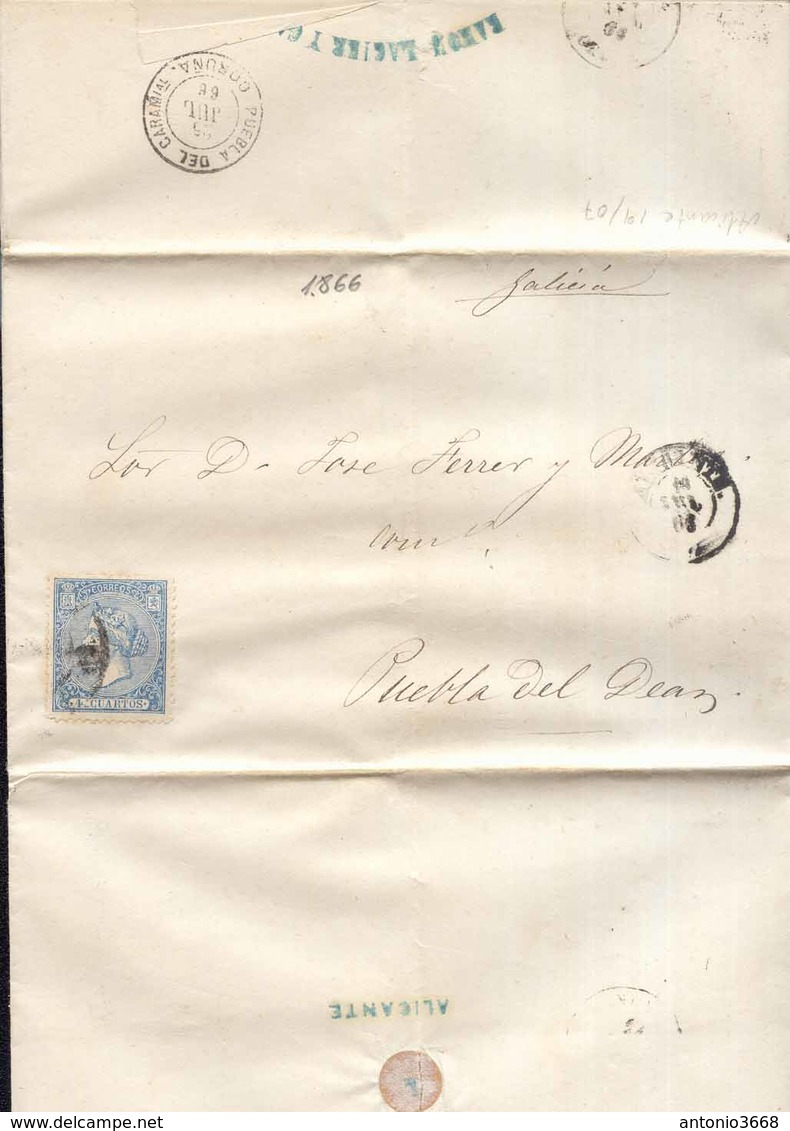 Año 1866 Edifil 81 4c Sello Isabel II Carta Impresa Matasellos Rueda De Carreta 9 Alicante Membrete Ramon Lagier - Storia Postale