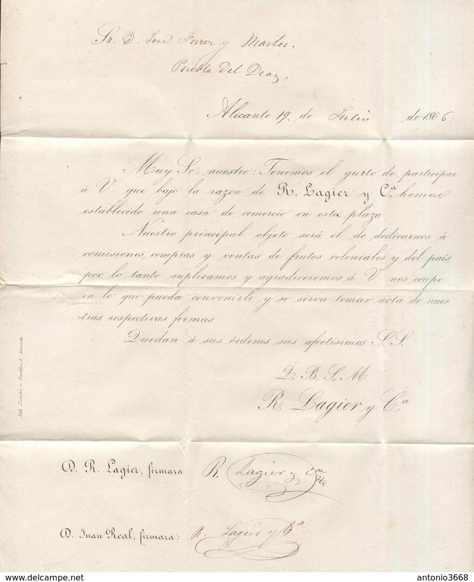 Año 1866 Edifil 81 4c Sello Isabel II Carta Impresa Matasellos Rueda De Carreta 9 Alicante Membrete Ramon Lagier - Storia Postale