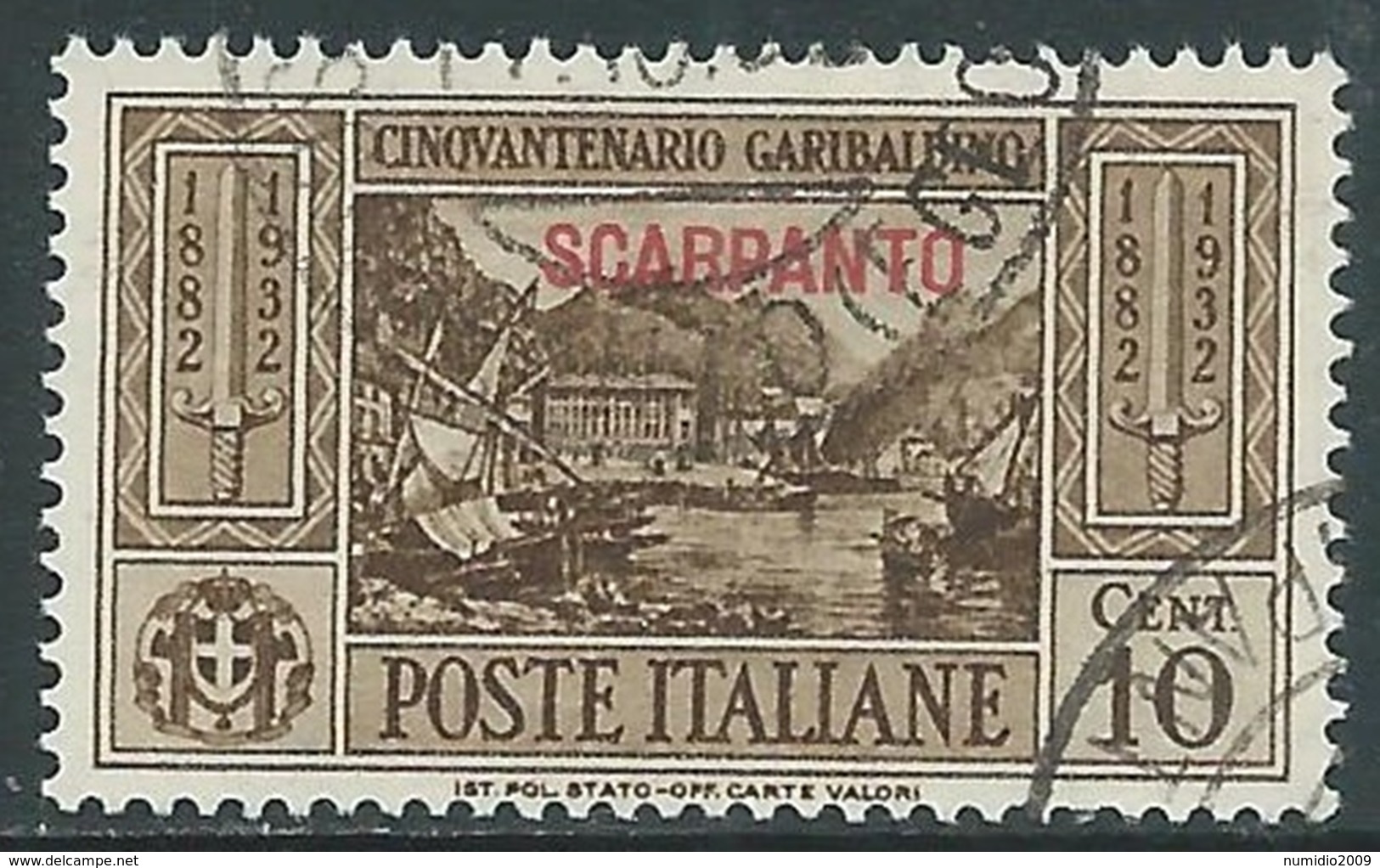 1932 EGEO PATMO USATO GARIBALDI 10 CENT - RA4-2 - Egée (Patmo)