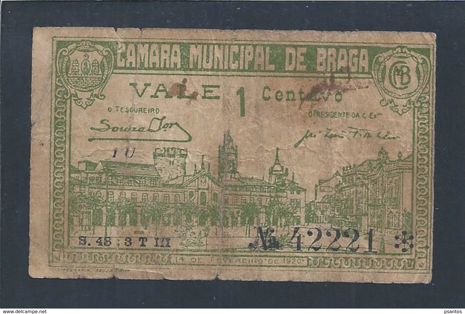 Cédula De 1 Centavo Da Câmara Municipal De Braga Emitida Em 1920.  Edificio Municipal. Cidade De Braga. 2 Sc - Portugal