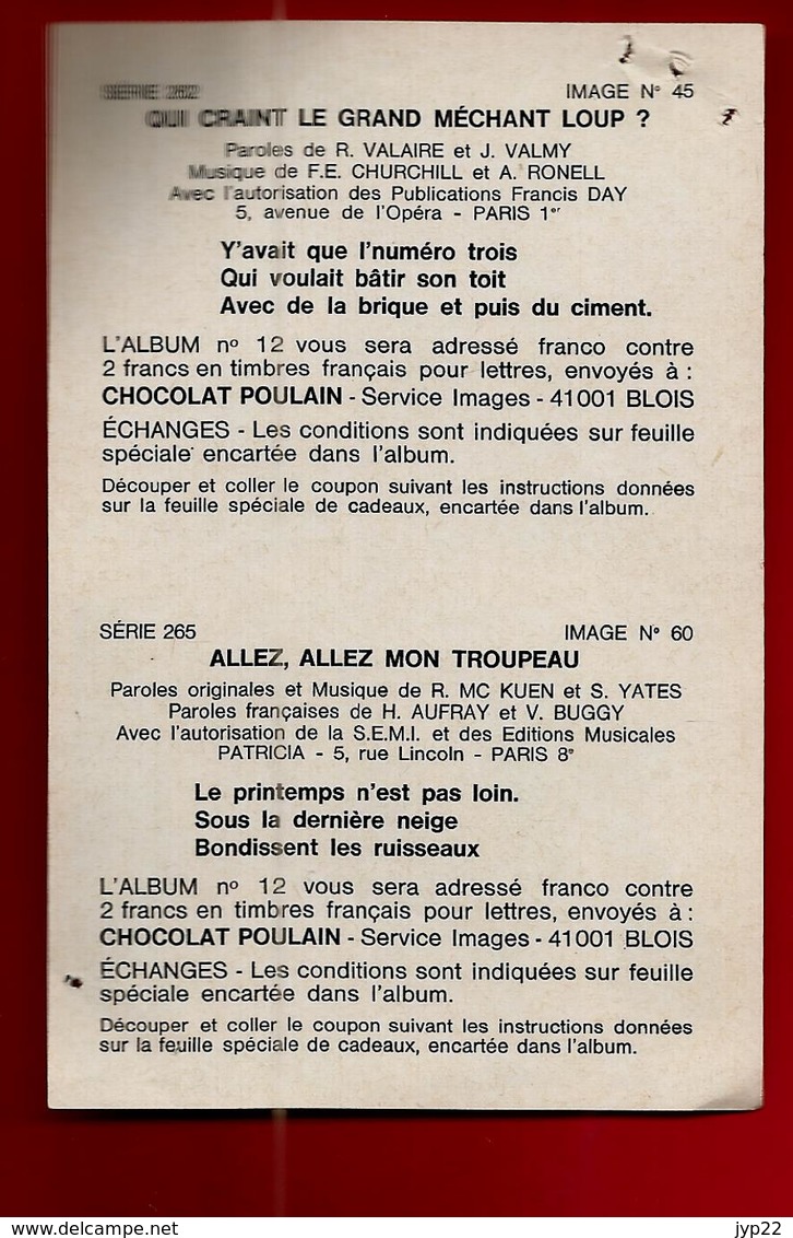 Chromo Image Double Chocolat Poulain Série 262 N° 45 & Série 265 N° 60 - Loup Cochon Violon Troupeau ... - Poulain