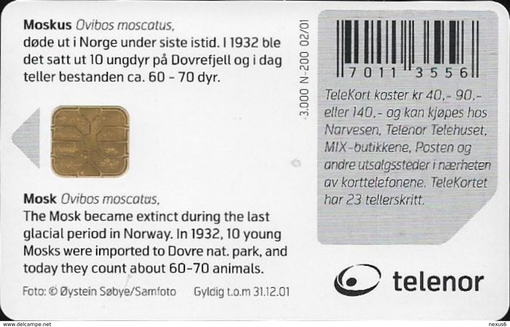 Norway - Telenor - Moskus - N-200 - 02.2001, 3.000ex, Used - Norvège