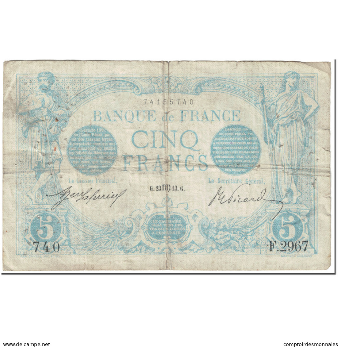 France, 5 Francs, Bleu, 1913, 1913-08-23, B+, Fayette:2.20, KM:70 - 5 F 1912-1917 ''Bleu''