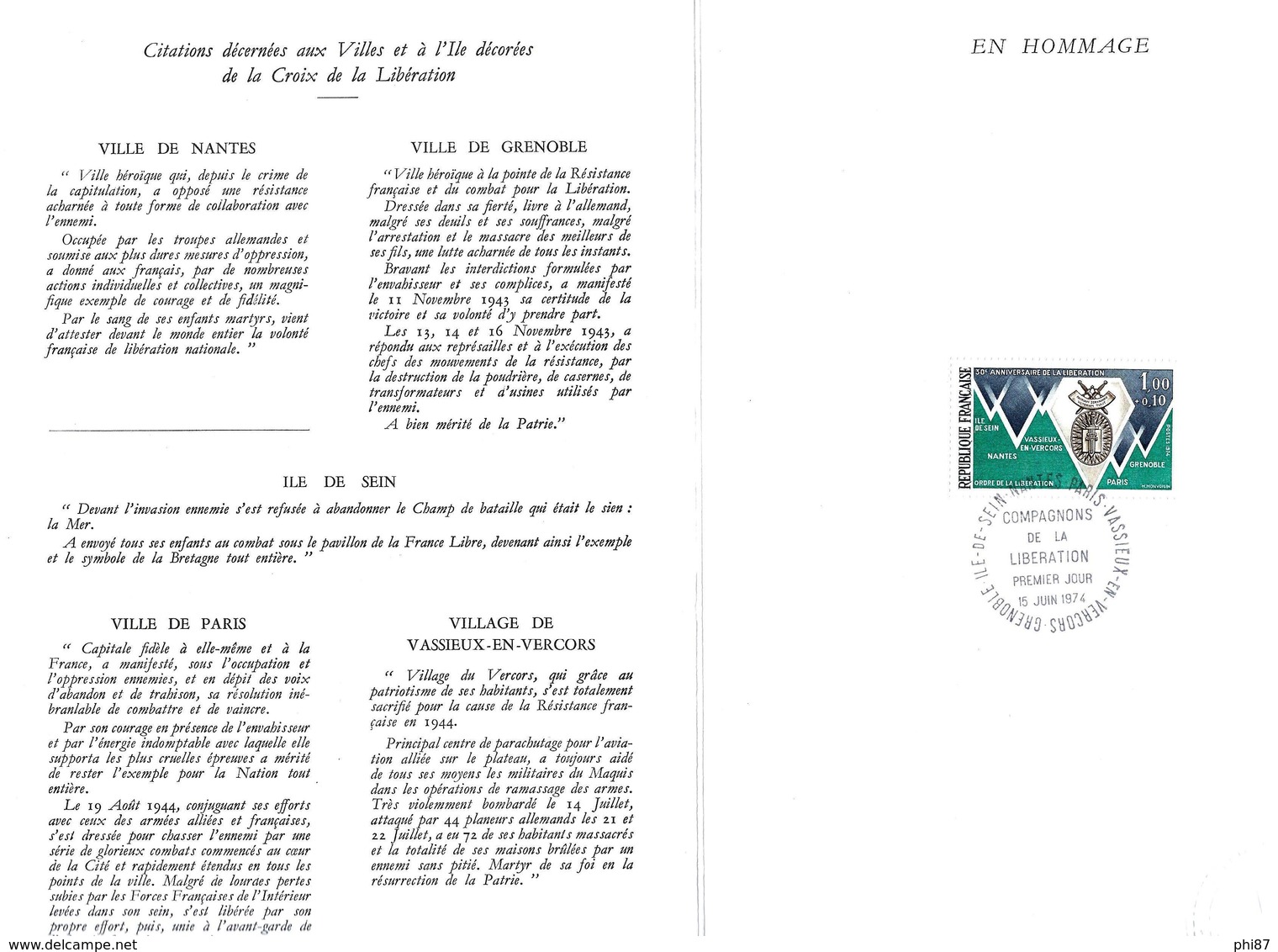ENCART COMPAGNONS DE LA LIBÉRATION - TIMBRE COMMÉMORATIF DES VILLES ET DE L'ILE DE SEIN 15 ET 16 JUIN 1974 - Used Stamps