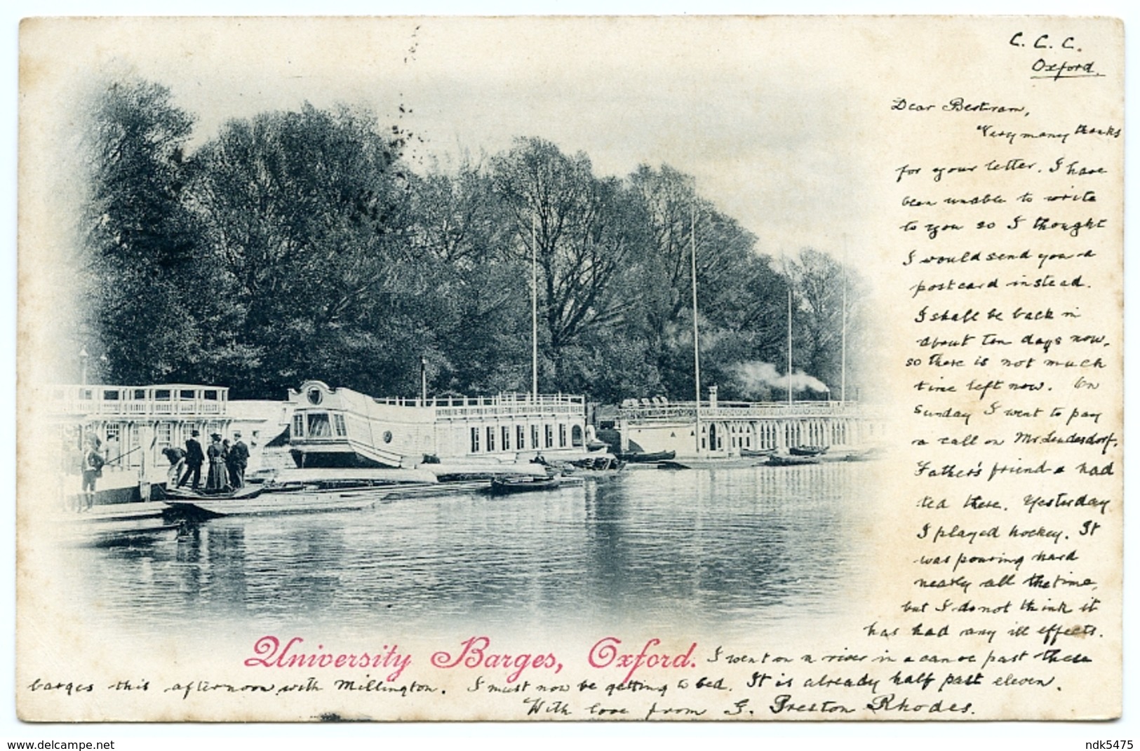 OXFORD : UNIVERSITY BARGES / POSTMARK - OXFORD / ADDRESS - BOWDON, ALTRINCHAM, THE FIRS, OAKLANDS, (RHODES) - Oxford