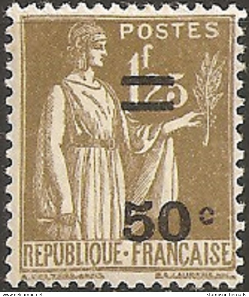 FR298N - 1934 France, "Paix" N° 298, 50c. Sur 1,25 Fr. Vert Olive, Surimprimé, Neuf Sans Charniére **/ - Nuovi