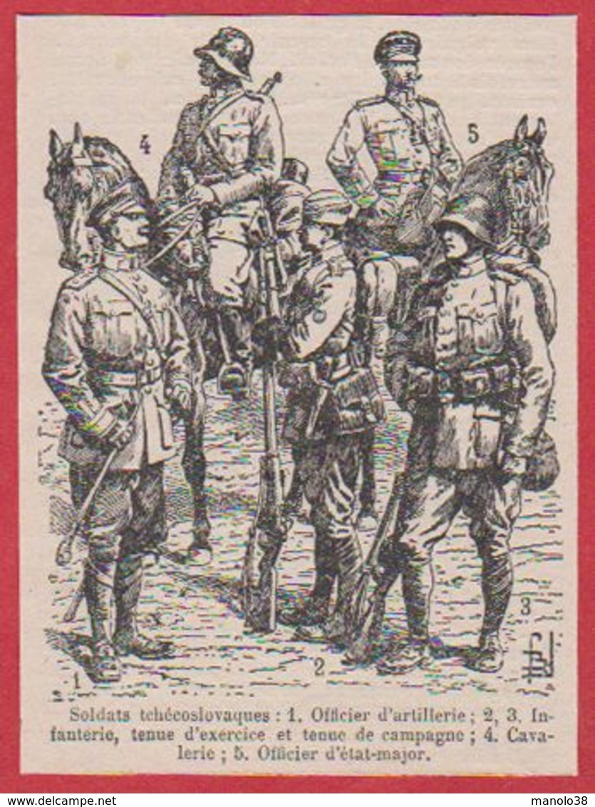 Soldats Tchécoslovaques. Tchécoslovaquie. Officier, Infanterie, Cavalerie. Illustration Louis Bombled. Larousse 1920 - Ohne Zuordnung