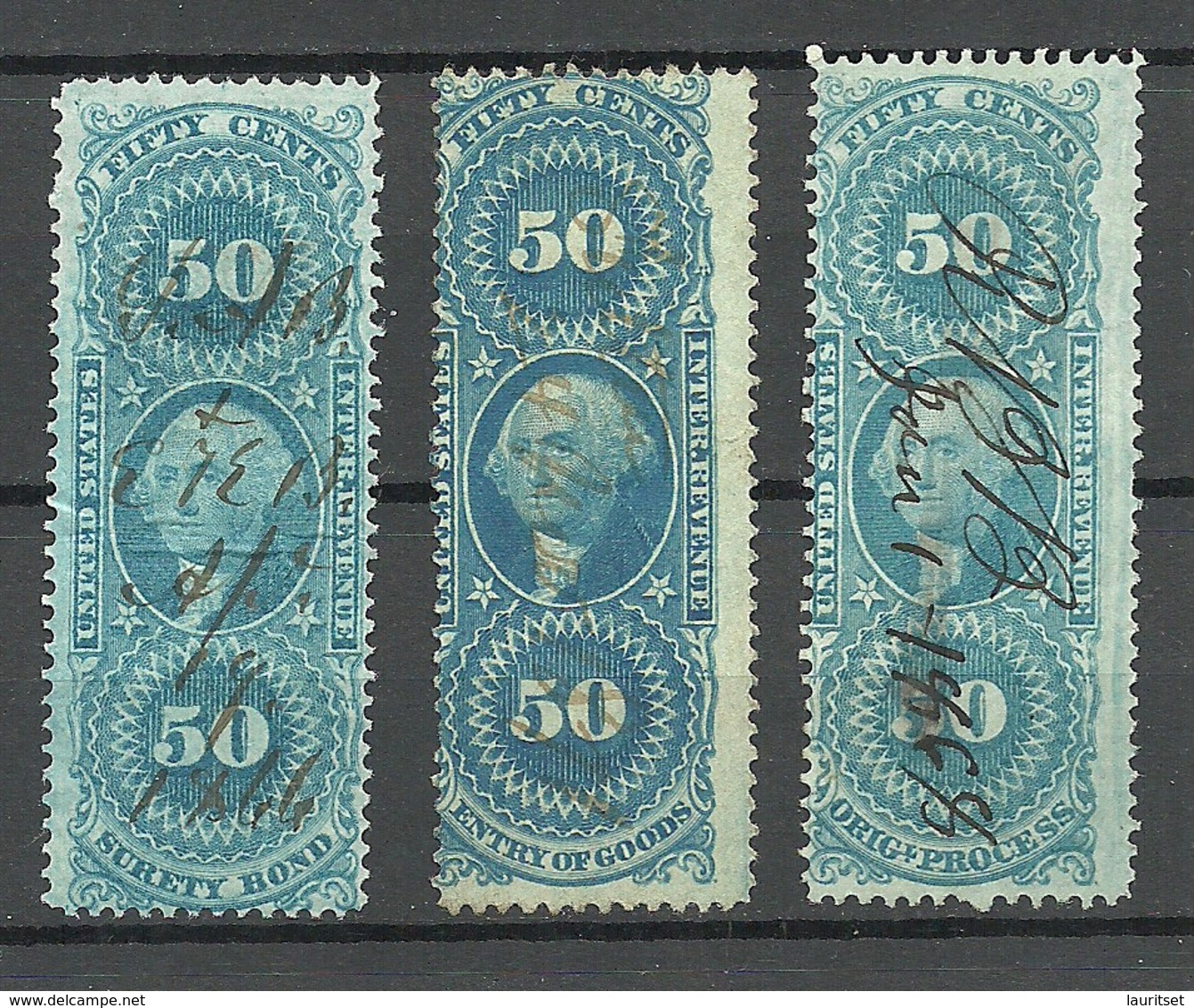 USA 1860ies Internal Revenue Tax Washington 50 C., Color Varieties Different Printings O - Fiscale Zegels