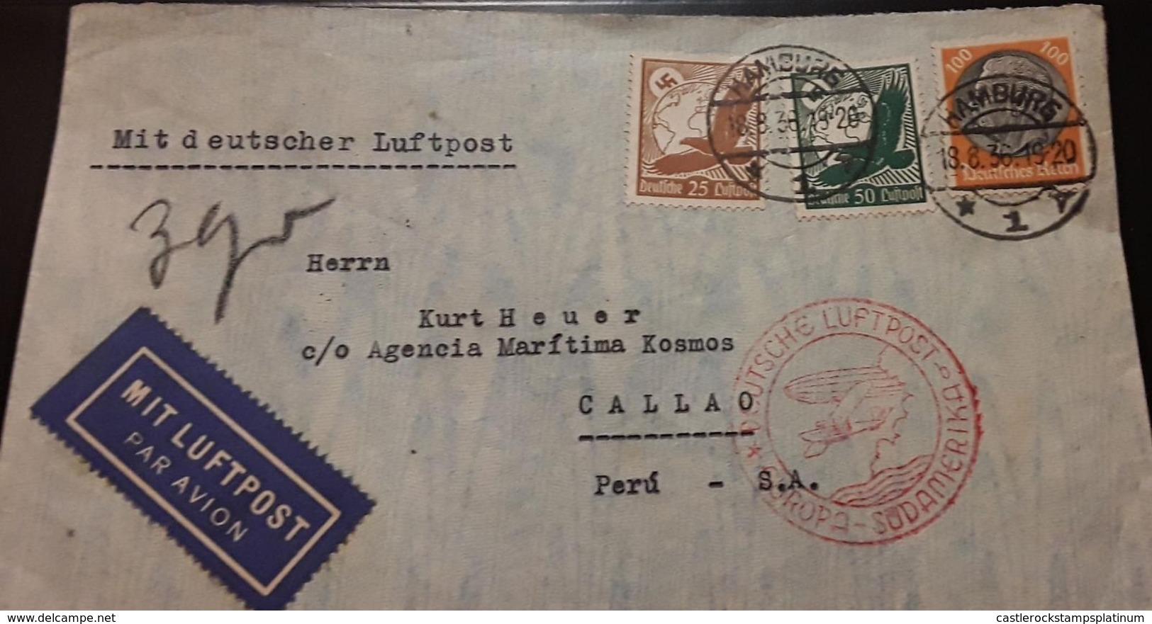 O) 1936 GERMANY, PRES. VON HINDENBURG, SWASTIKA SUN, MIT DEUTSCHER LUFTPOSM TO CALLAO -PERU - Other & Unclassified