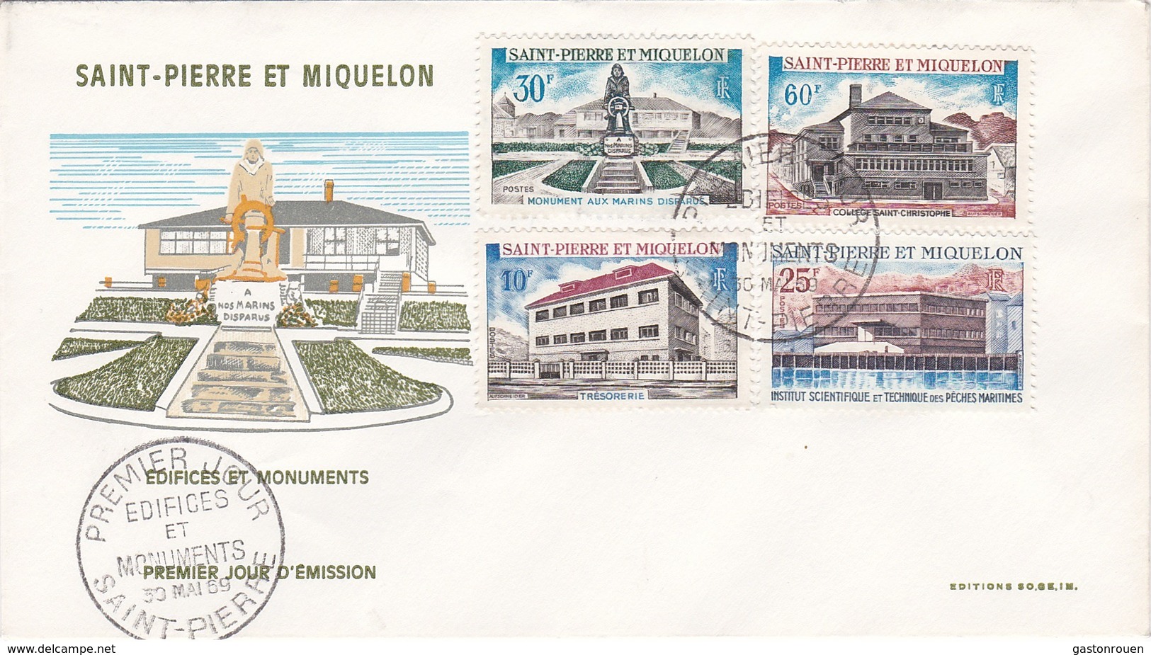 FDC PREMIER JOUR  387 à 390 Edifices Monuments 30-05-1969 Saint-Pierre Et Miquelon - FDC