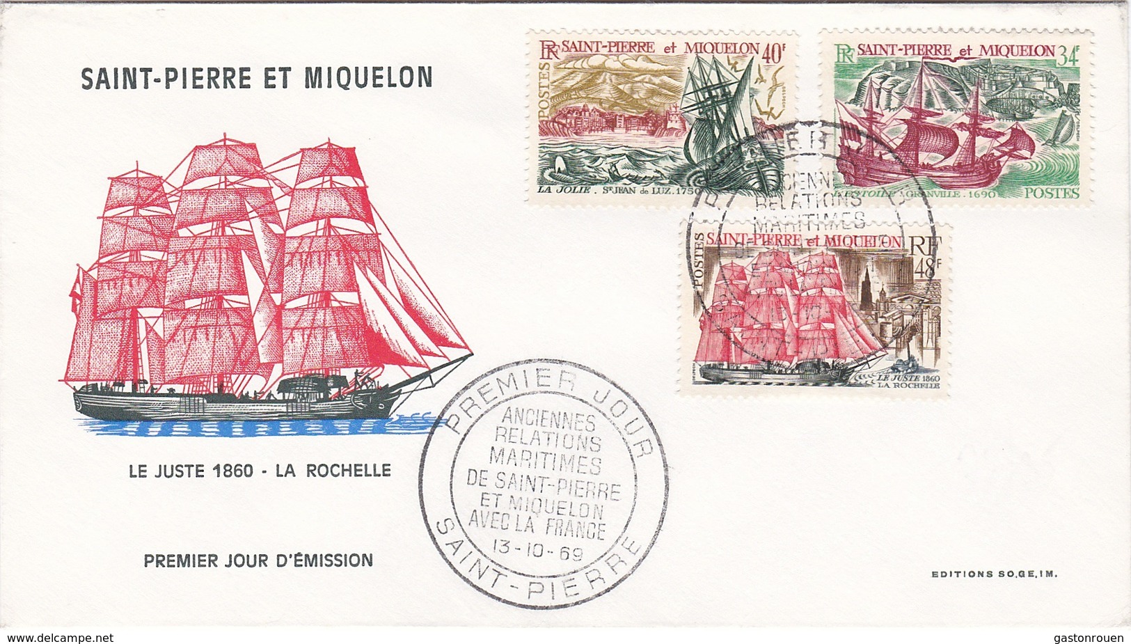 FDC PREMIER JOUR  395 à 397 Bateaux Relations St Pierre France 13-10-1969 Saint-Pierre Et Miquelon - FDC