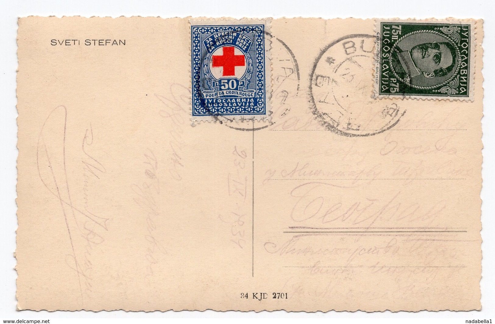 1934 YUGOSLAVIA, MONTENEGRO, SVETI STEFAN TO BELGRADE, ISLAND, RED CROSS ADDITIONAL STAMP,ILLUSTRATED POSTCARD, USED - Joegoslavië