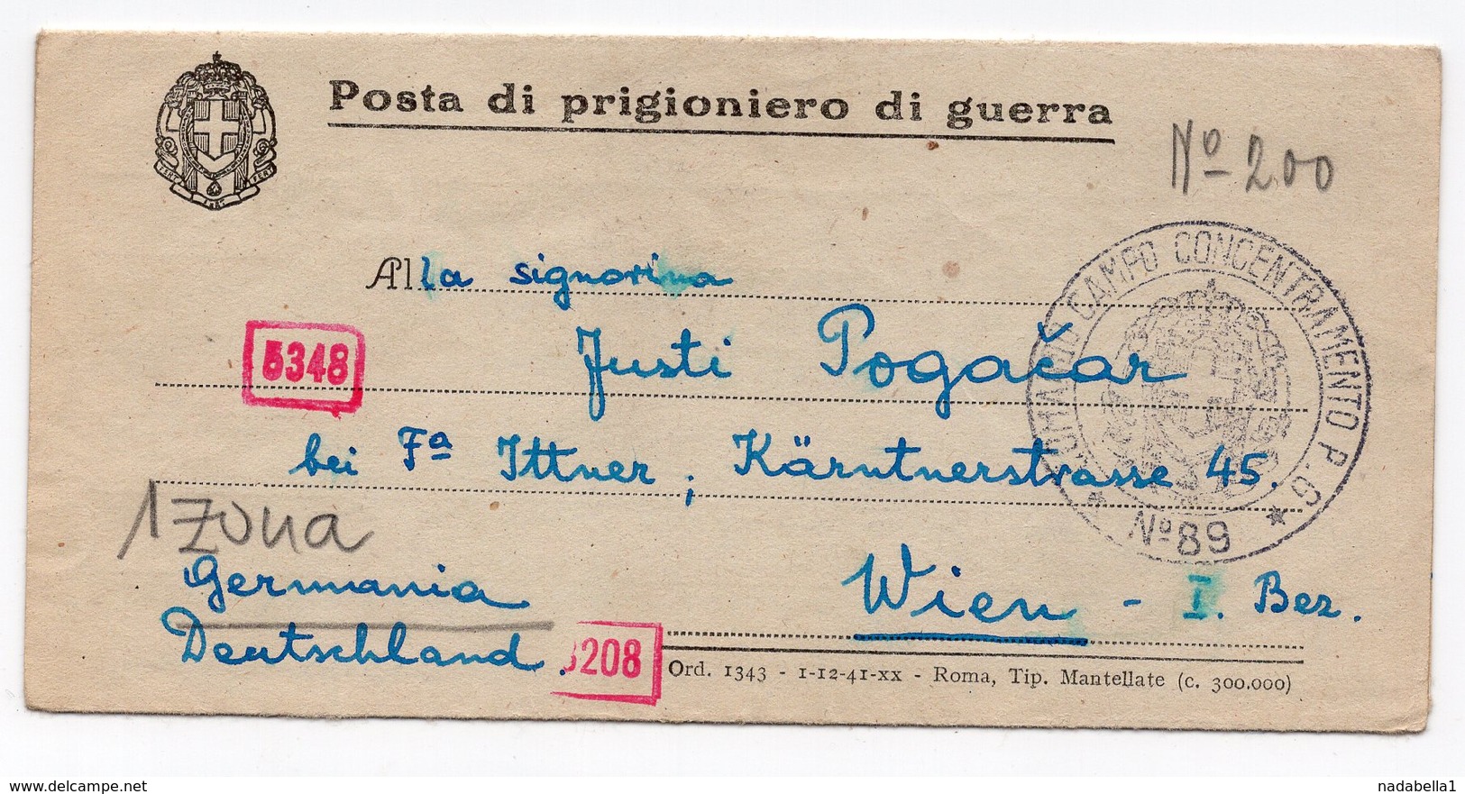 1942  POW, POGACAR NIKO, CONCENTR. CAMP P.G.S.C.N.89-PM 3200, ITALY TO VIENNA, AUSTRIA,  CENSORED, GERMAN CENSORSHIP - Military Mail (PM)