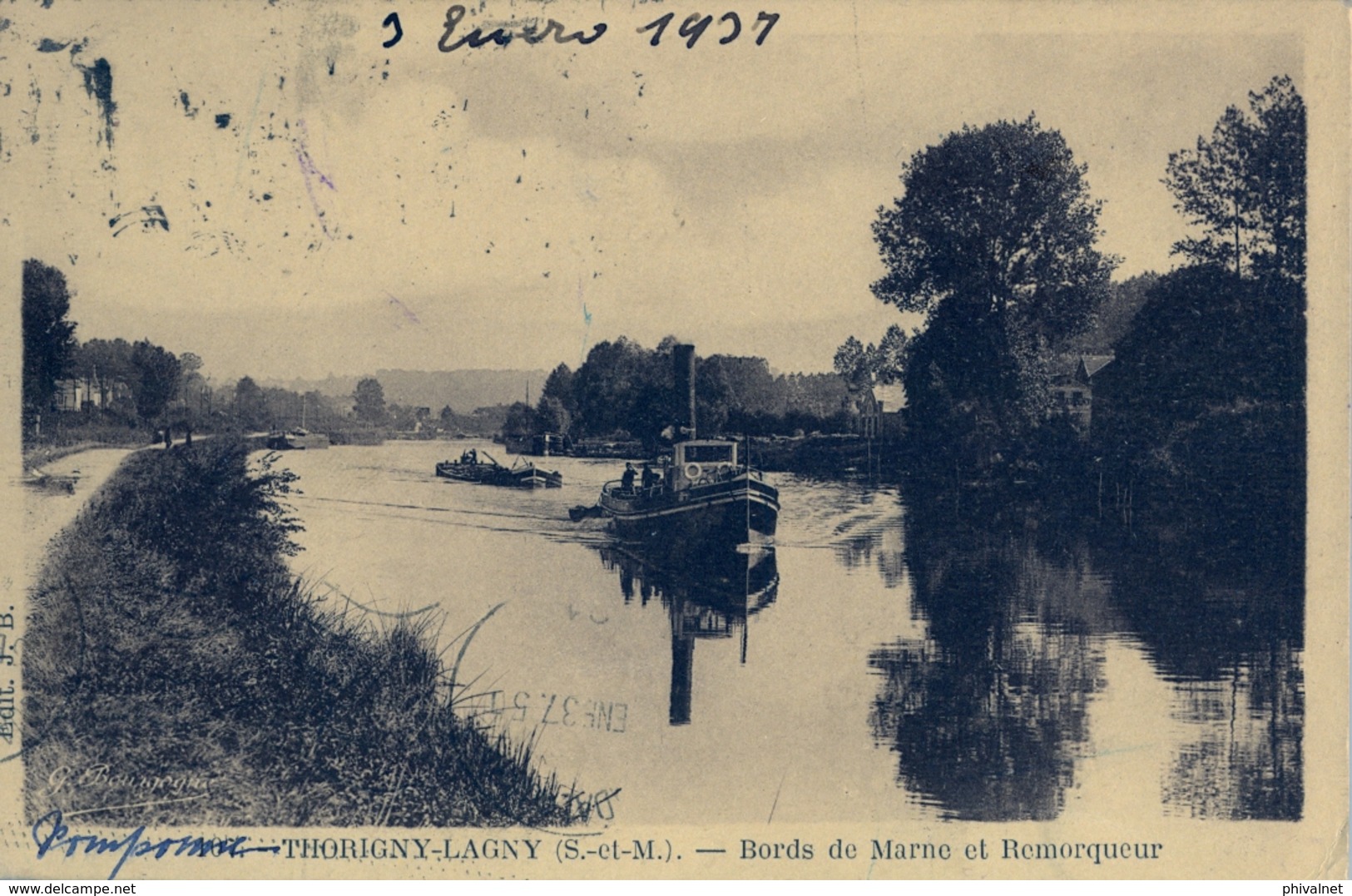 1937 , FRANCIA , TARJETA POSTAL CIRCULADA , THORIGNY - LAGNY , BORDS DE MARNE ET REMORQUEUR , CENSURA REPUBLICANA - Remorqueurs