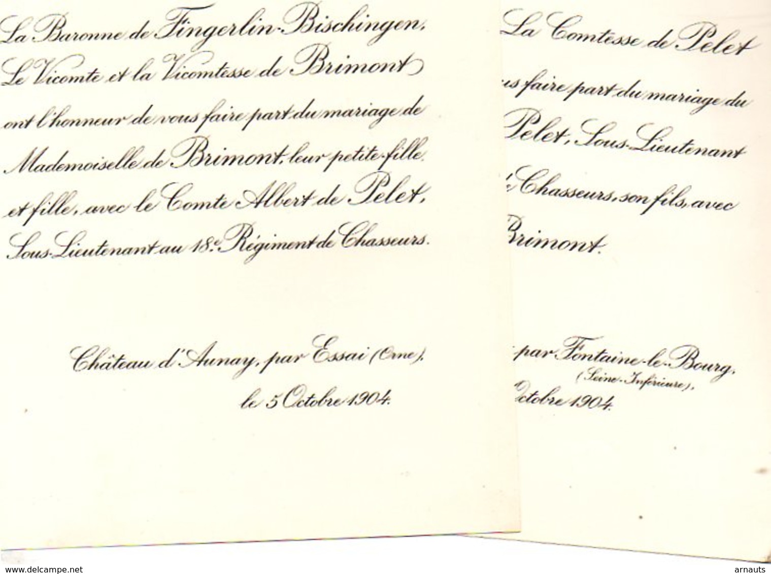 Mariage 1904 Albert De Pelet & De Brimont Château D'Aunay Essai Orne De Fingerlin-Bischingen Château Fontaine-le-Bourg - Wedding