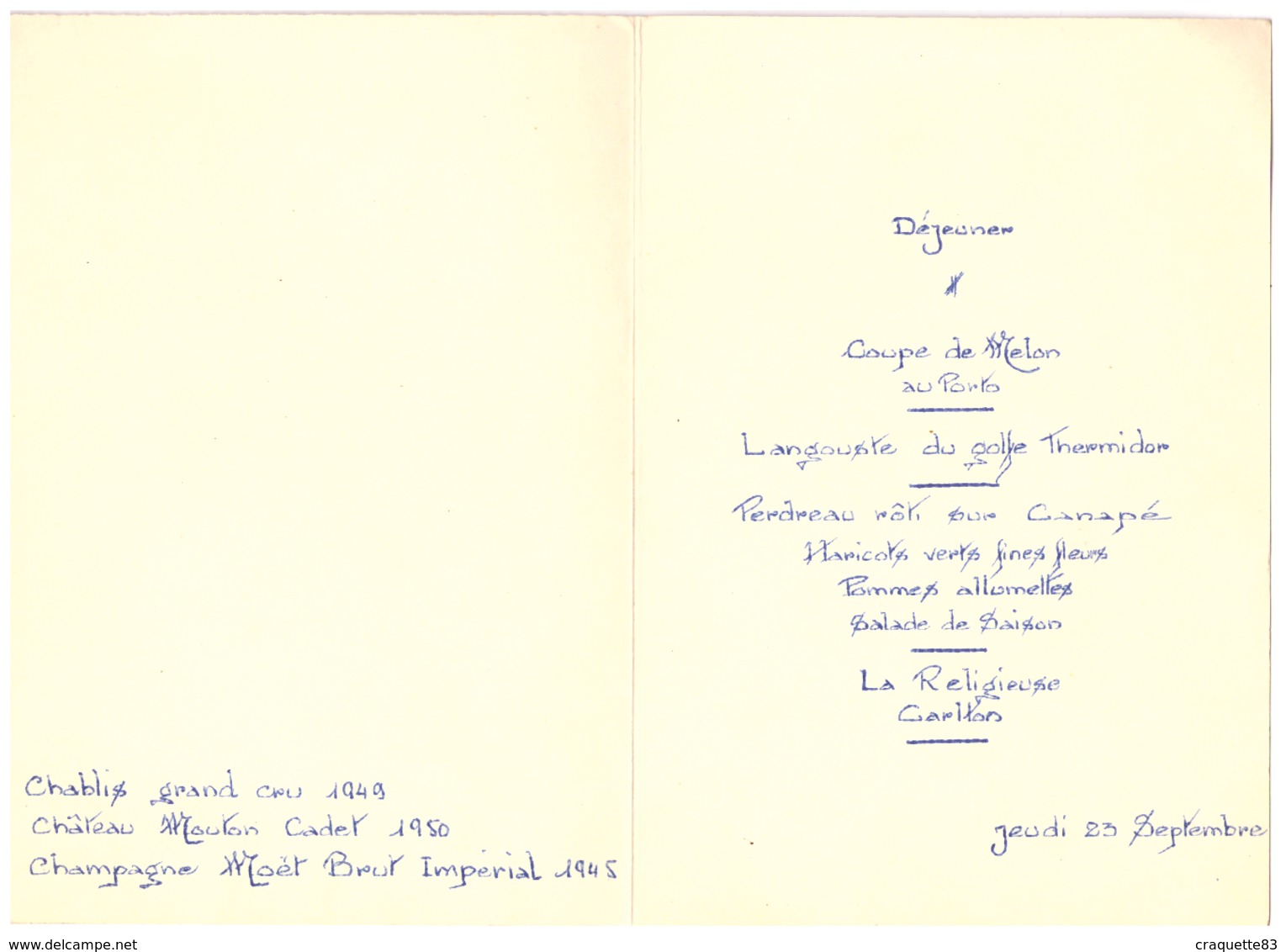 CARLTON HOTEL CANNES  1954 -AU DOS LES SIGNATURES DES "GRANDS HOMMES DE L'HOTELLERIE LE 23.9.54" - Menus