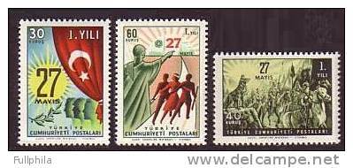 1961 TURKEY 1ST ANNIVERSARY OF 27 MAY REVOLUTION MNH ** - Neufs