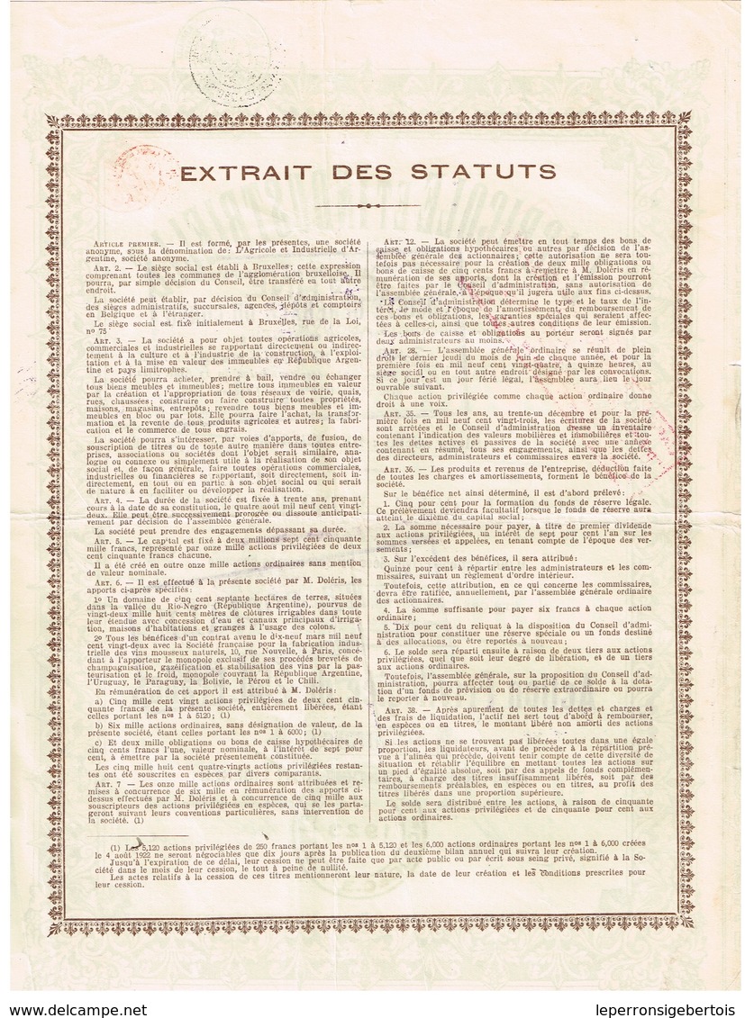 Titre Ancien - L'Agricole Et Industrielle D'Argentine - Société Anonyme -Titre De 1922 - Agriculture