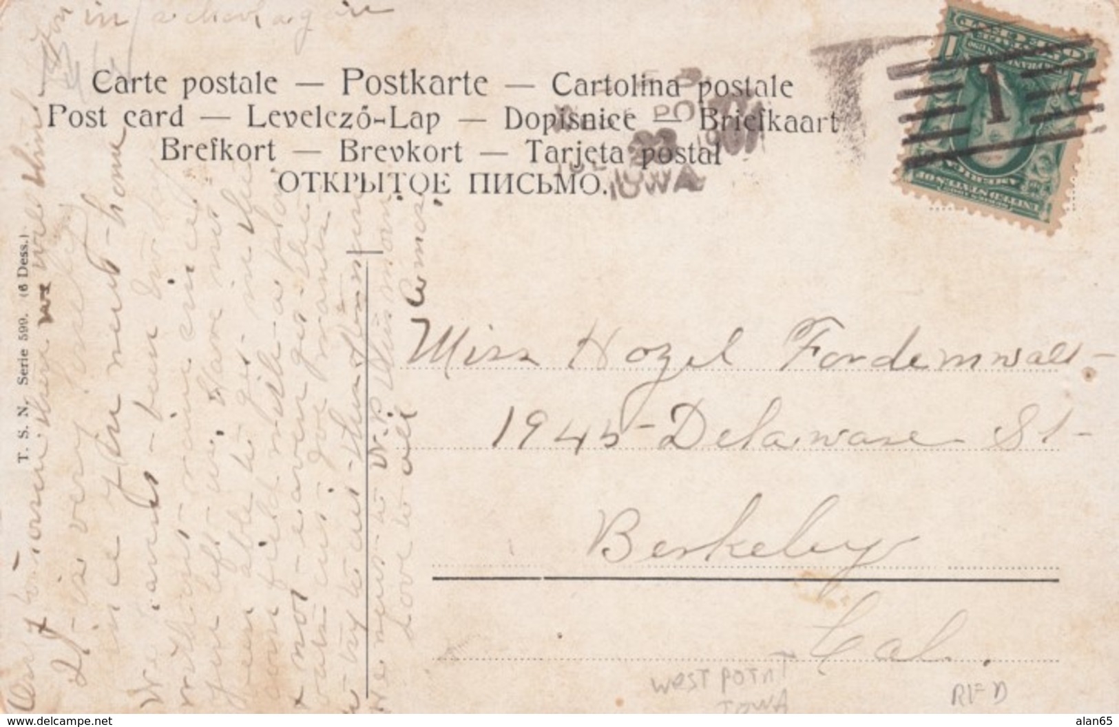 West Point Iowa RFD Postmark Cancel Richow Type I Route 1 July 1907, C1900s Vintage Postcard - Poststempel