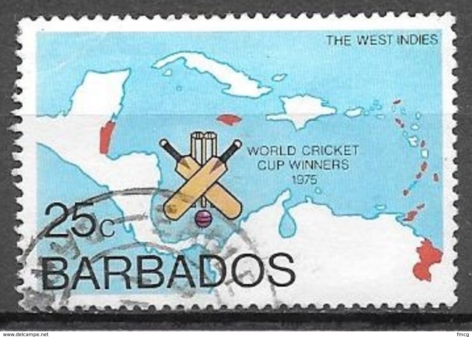 1976 World Cricket Cup, 25 Cents, Used - Barbados (1966-...)