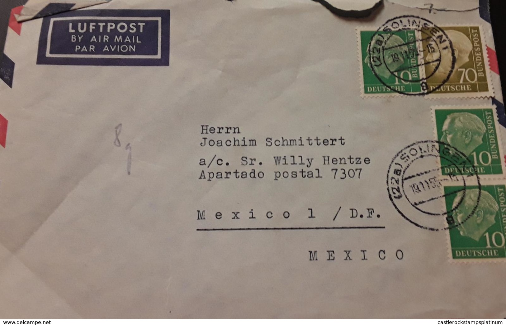 O) 1955 GERMANY, PRES. THEODOR HEUSS, FROM SOLINGEN - LUFTPOST AIRMAIL, TO MEXICO - Other & Unclassified