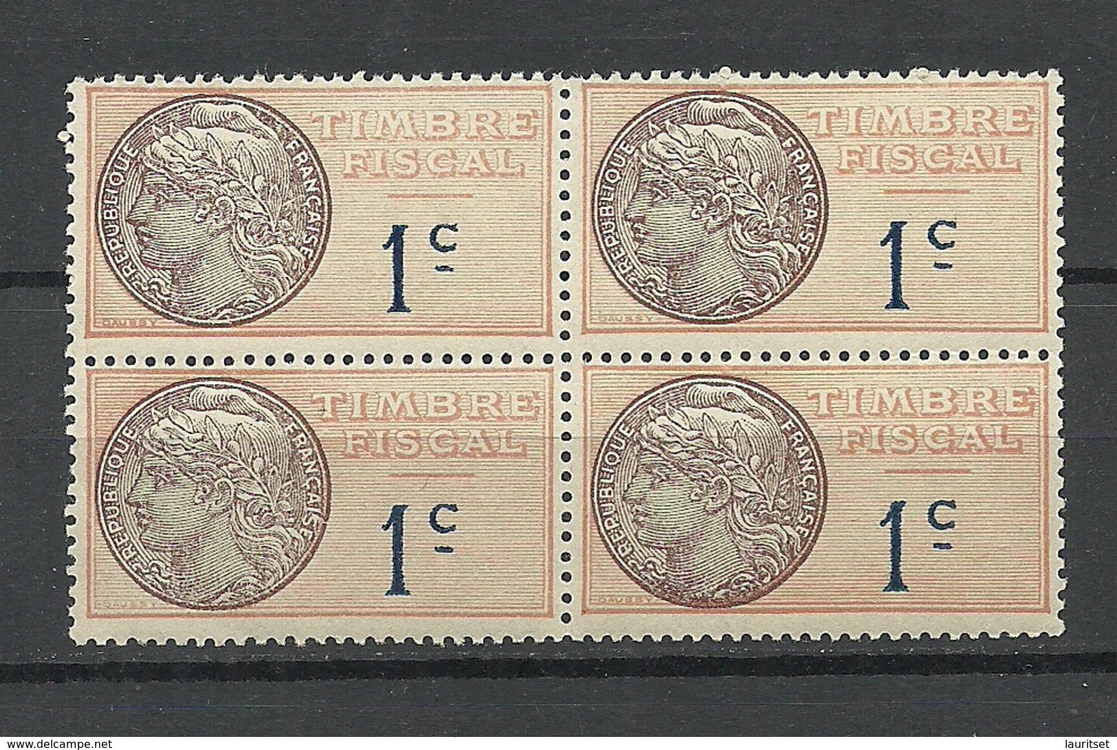 FRANCE Timbre Fiscal 1 C. As 4-block Sheet Corner MNH - Autres & Non Classés